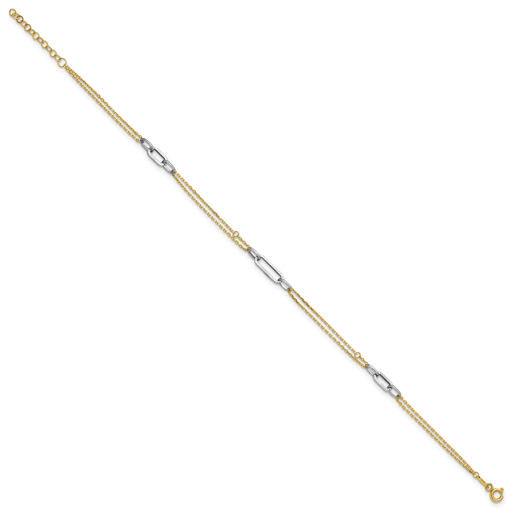 14K Two-tone Polished Diamond-cut 3-Station 9 inch Plus 1 inch Extender - Total 10 inch Anklet - Sophia Jewelers