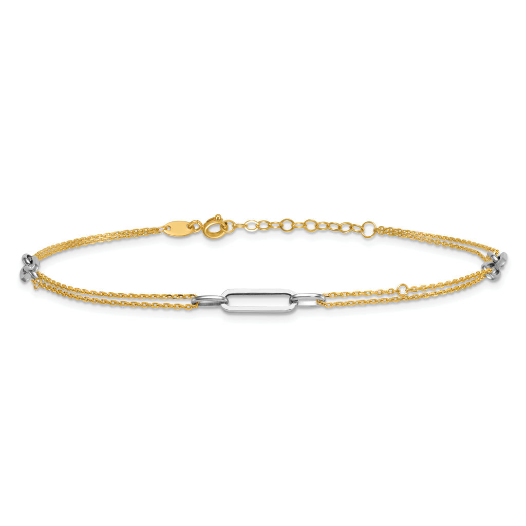 14K Two-tone Polished Diamond-cut 3-Station 9 inch Plus 1 inch Extender - Total 10 inch Anklet - Sophia Jewelers