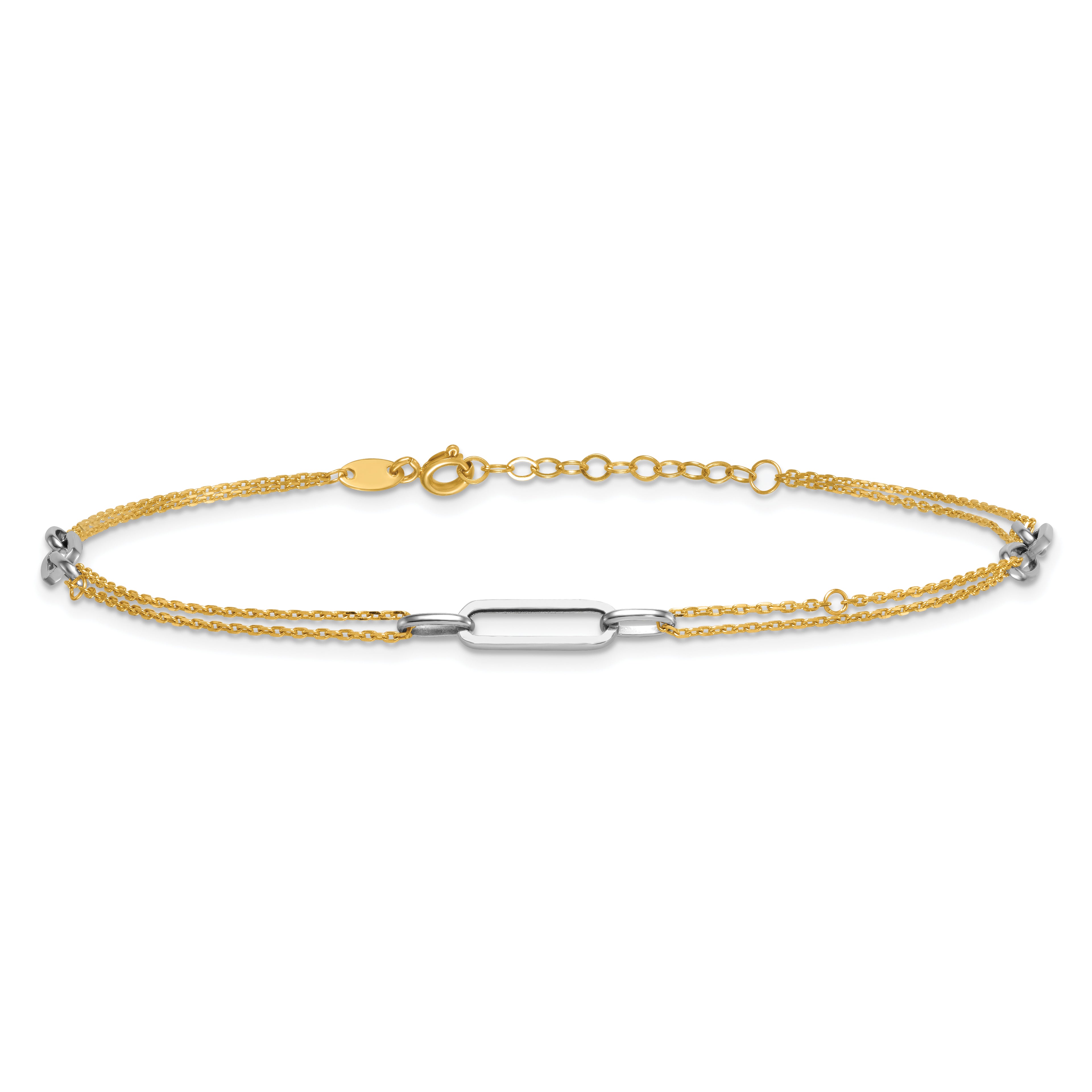 14K Two-tone Polished Diamond-cut 3-Station 9 inch Plus 1 inch Extender - Total 10 inch Anklet - Sophia Jewelers