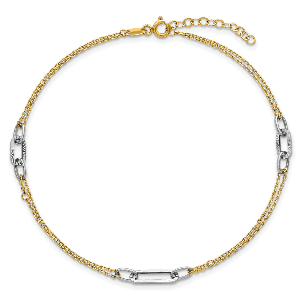 14K Two-tone Polished Diamond-cut 3-Station 9 inch Plus 1 inch Extender - Total 10 inch Anklet - Sophia Jewelers