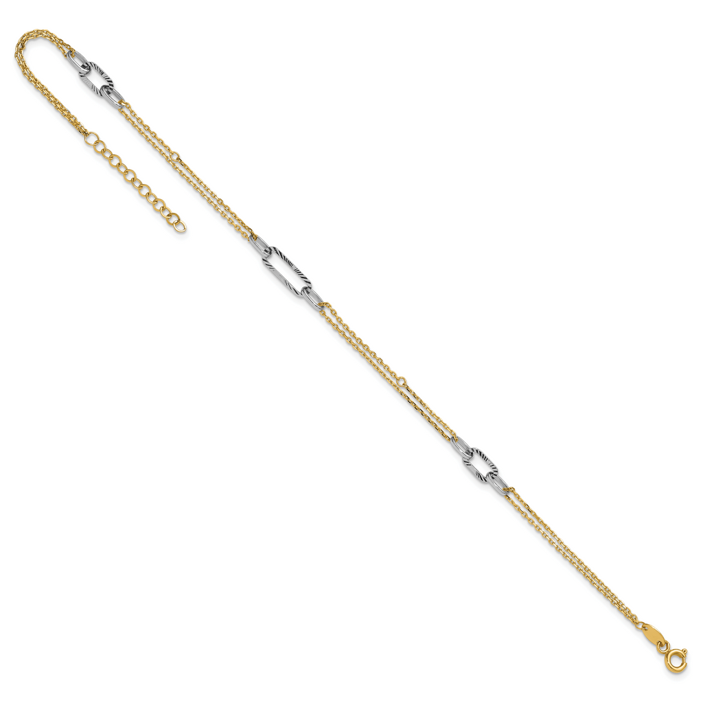 14K Two-tone Polished Diamond-cut 3-Station 9 inch Plus 1 inch Extender - Total 10 inch Anklet - Sophia Jewelers