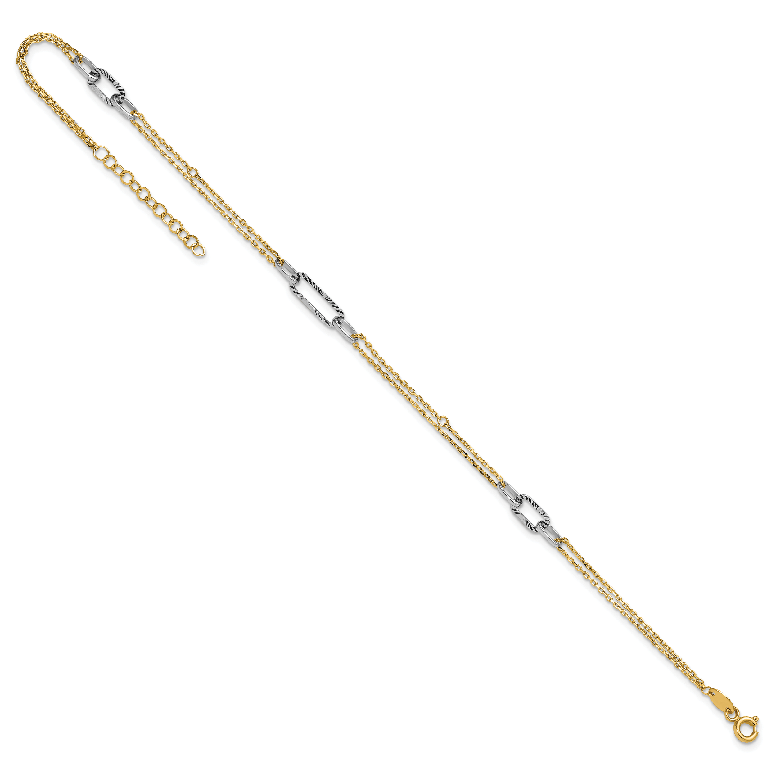 14K Two-tone Polished Diamond-cut 3-Station 9 inch Plus 1 inch Extender - Total 10 inch Anklet - Sophia Jewelers