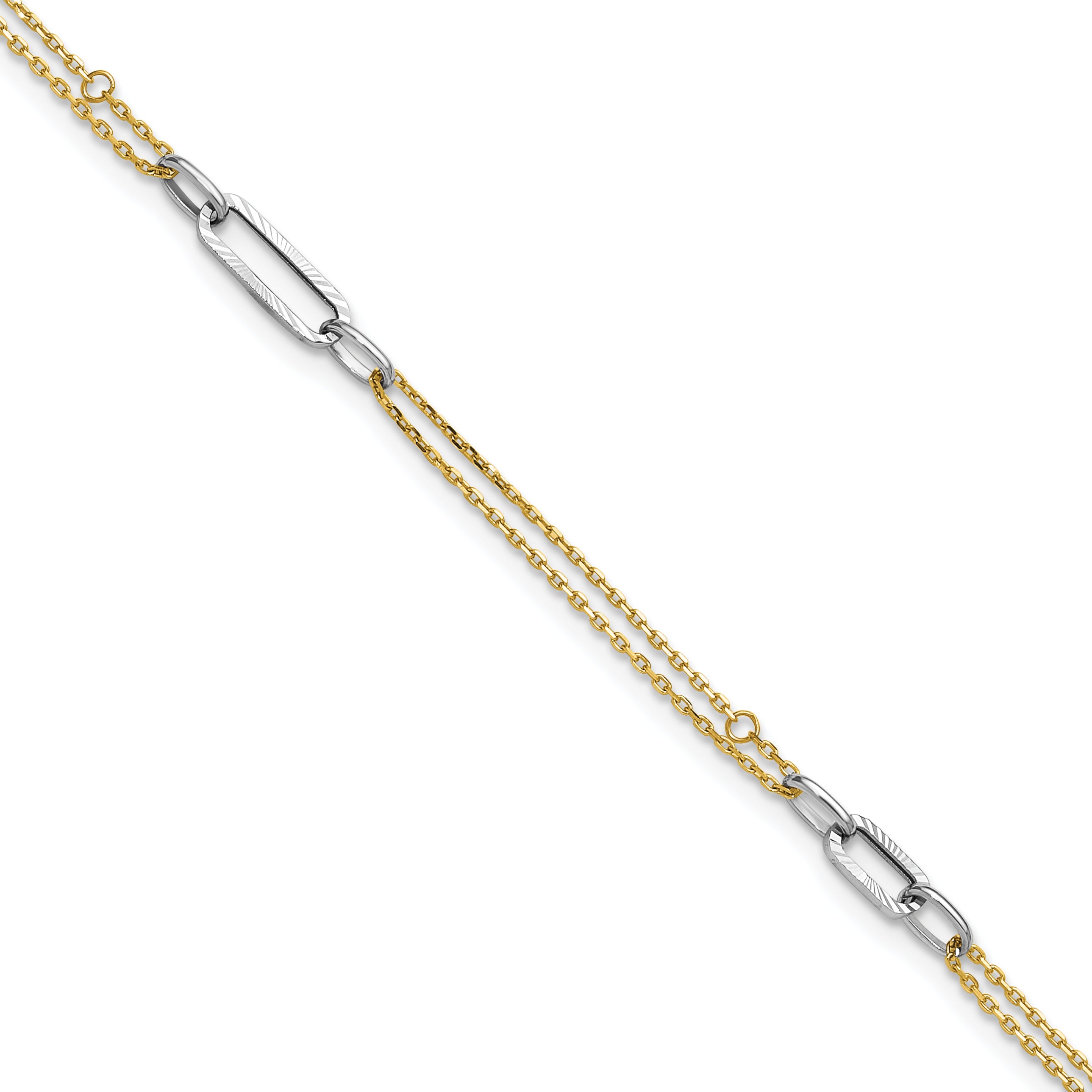 14K Two-tone Polished Diamond-cut 3-Station 9 inch Plus 1 inch Extender - Total 10 inch Anklet - Sophia Jewelers Main image