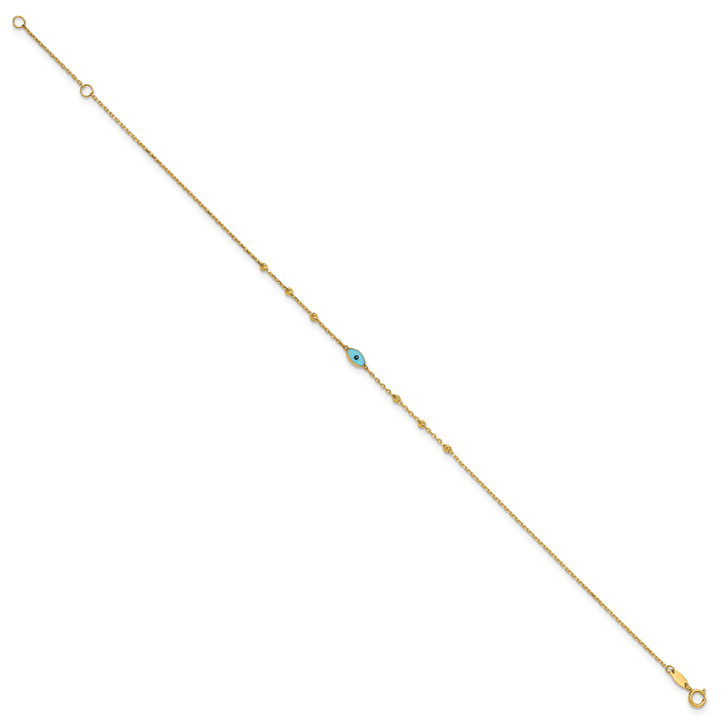 14k Diamond-cut Bead Stations Blue Glass Evil Eye 9 inch Plus 1 inch Extender - Total 10 inch Anklet - Sophia Jewelers