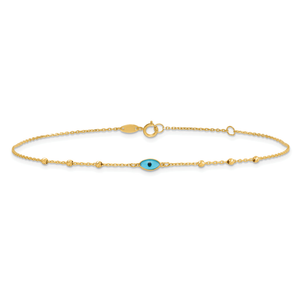 14k Diamond-cut Bead Stations Blue Glass Evil Eye 9 inch Plus 1 inch Extender - Total 10 inch Anklet - Sophia Jewelers