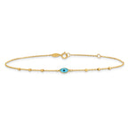 14k Diamond-cut Bead Stations Blue Glass Evil Eye 9 inch Plus 1 inch Extender - Total 10 inch Anklet - Sophia Jewelers