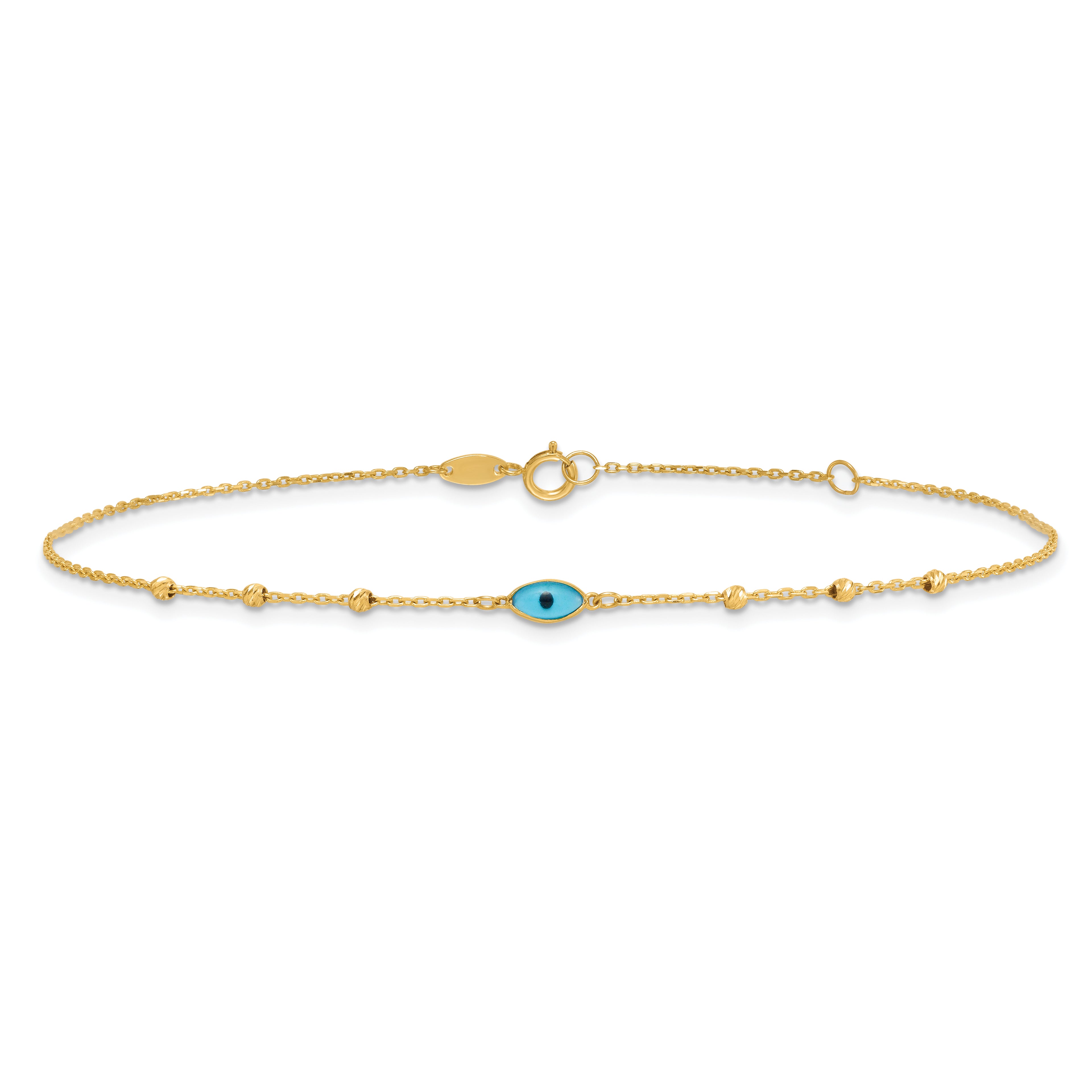 14k Diamond-cut Bead Stations Blue Glass Evil Eye 9 inch Plus 1 inch Extender - Total 10 inch Anklet - Sophia Jewelers