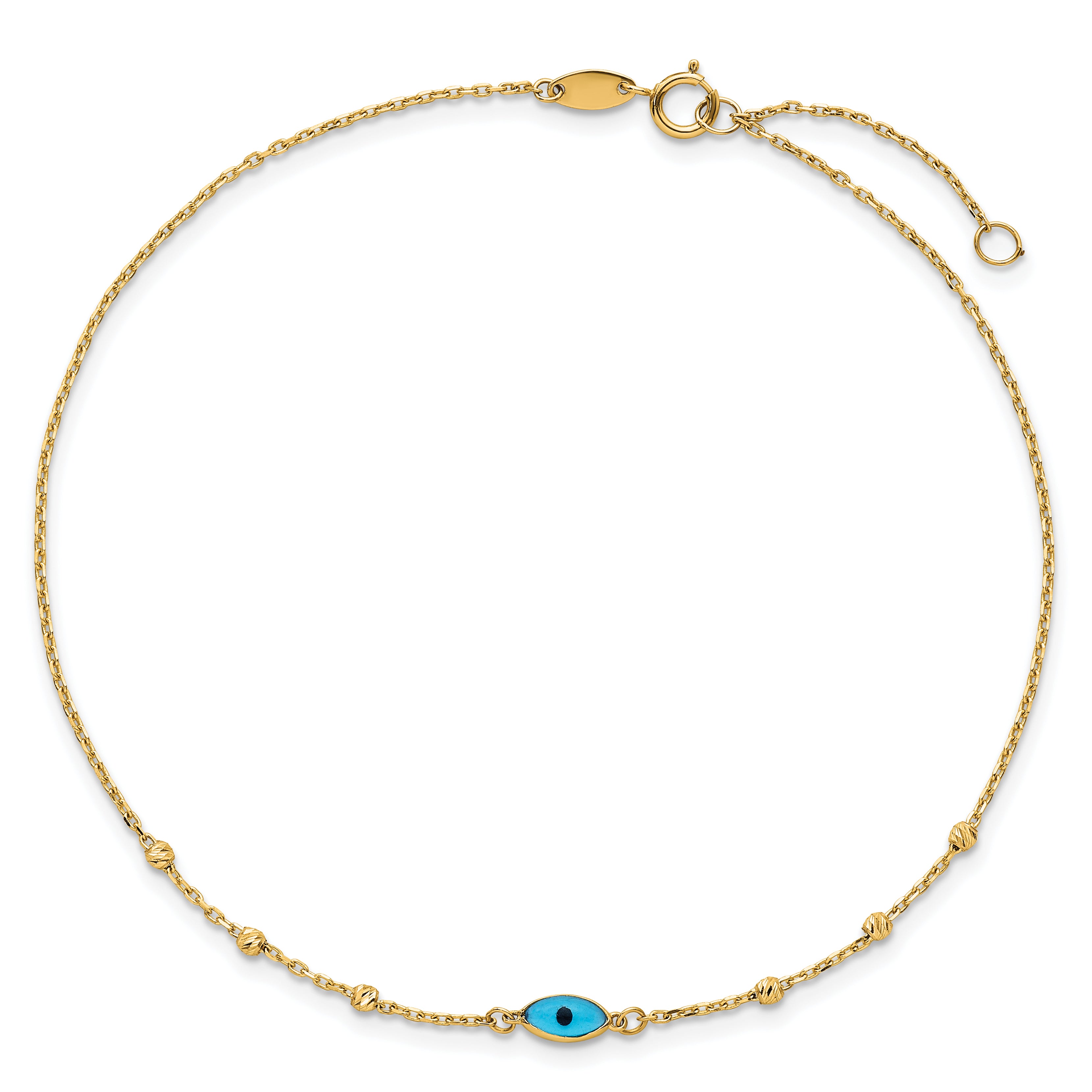 14k Diamond-cut Bead Stations Blue Glass Evil Eye 9 inch Plus 1 inch Extender - Total 10 inch Anklet - Sophia Jewelers