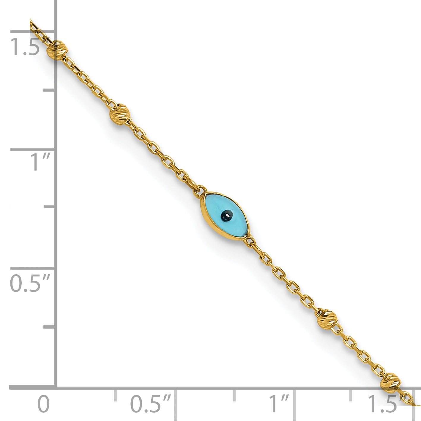 14k Diamond-cut Bead Stations Blue Glass Evil Eye 9 inch Plus 1 inch Extender - Total 10 inch Anklet - Sophia Jewelers