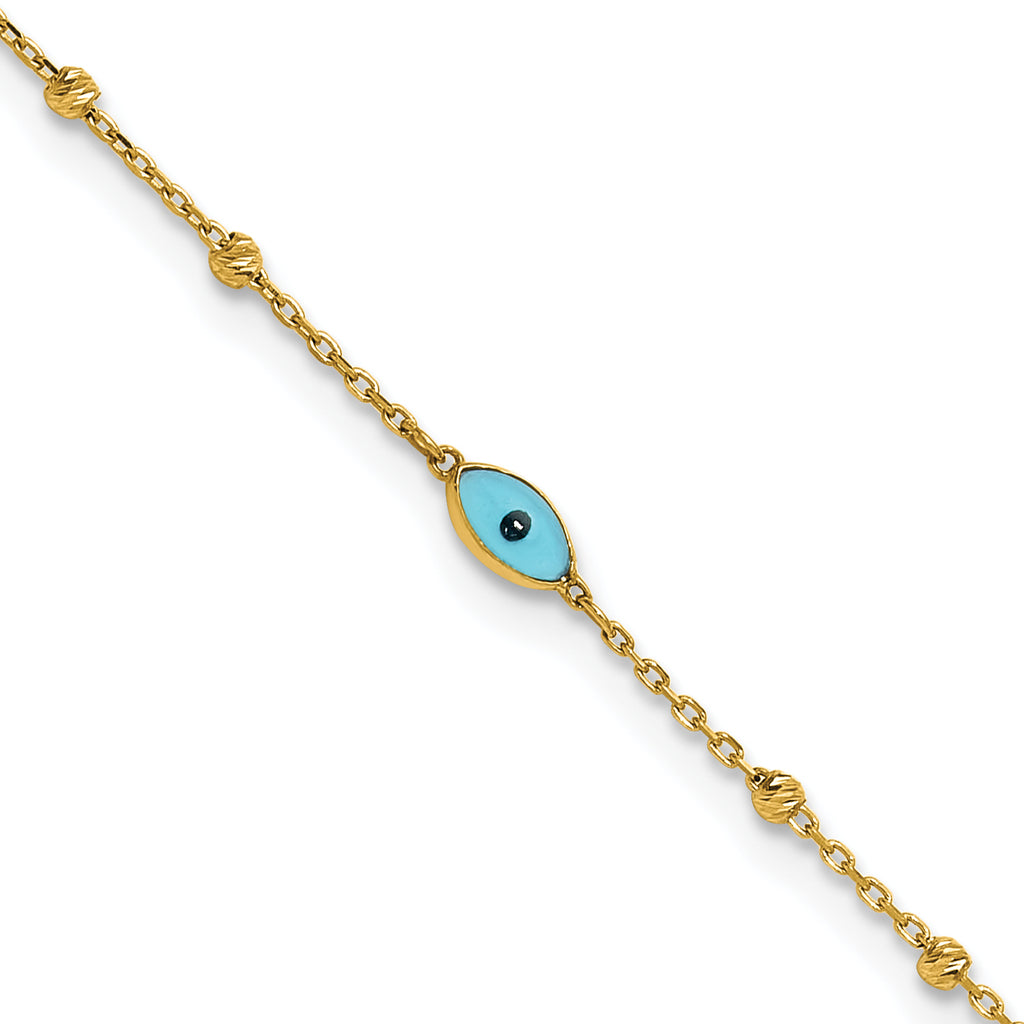 14k Diamond-cut Bead Stations Blue Glass Evil Eye 9 inch Plus 1 inch Extender - Total 10 inch Anklet - Sophia Jewelers