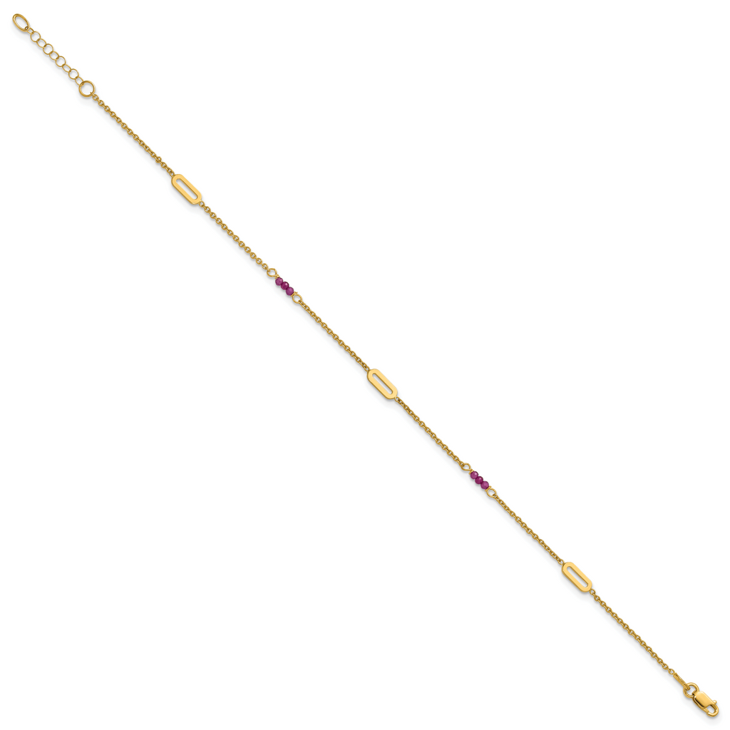 14k Polished Red Corundum Beads and Ovals 9 inch Plus 1 inch Extender - Total 10 inch Anklet - Sophia Jewelers