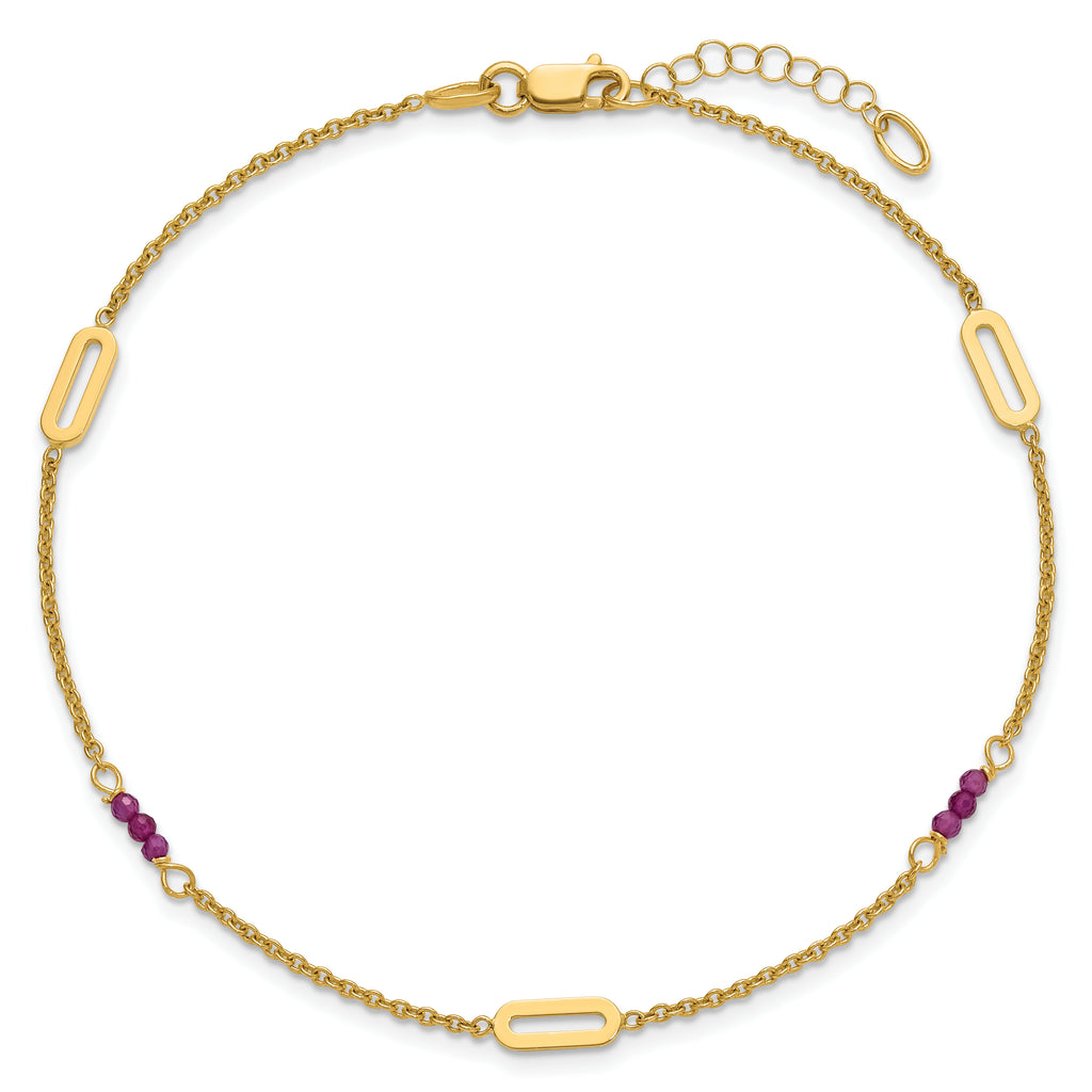 14k Polished Red Corundum Beads and Ovals 9 inch Plus 1 inch Extender - Total 10 inch Anklet - Sophia Jewelers