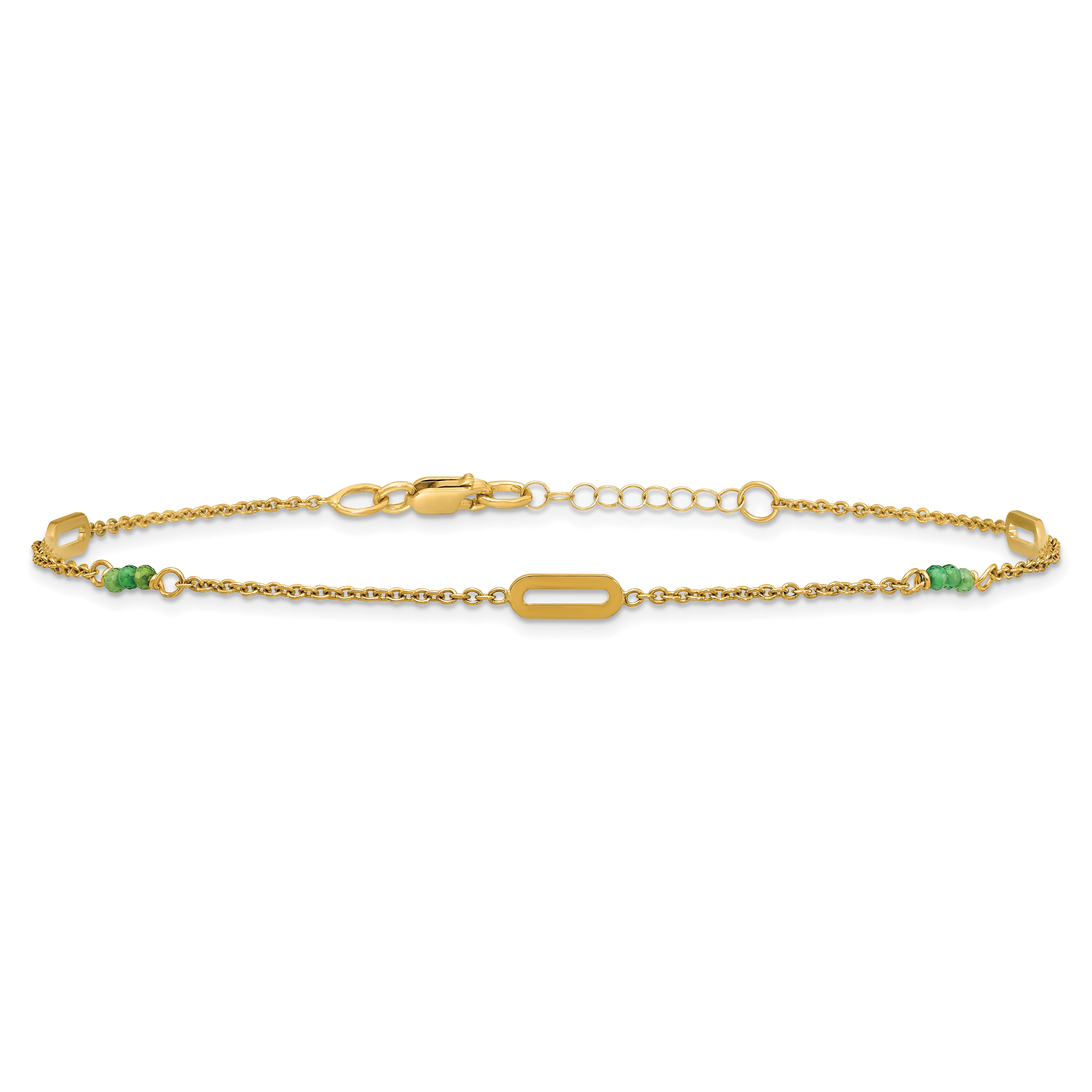 14k Polished Green Zircon Beads and Ovals 9 inch Plus 1 inch Extender - Total 10 inch Anklet - Sophia Jewelers