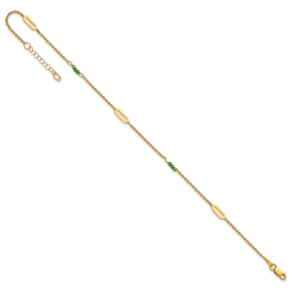 14k Polished Green Zircon Beads and Ovals 9 inch Plus 1 inch Extender - Total 10 inch Anklet - Sophia Jewelers