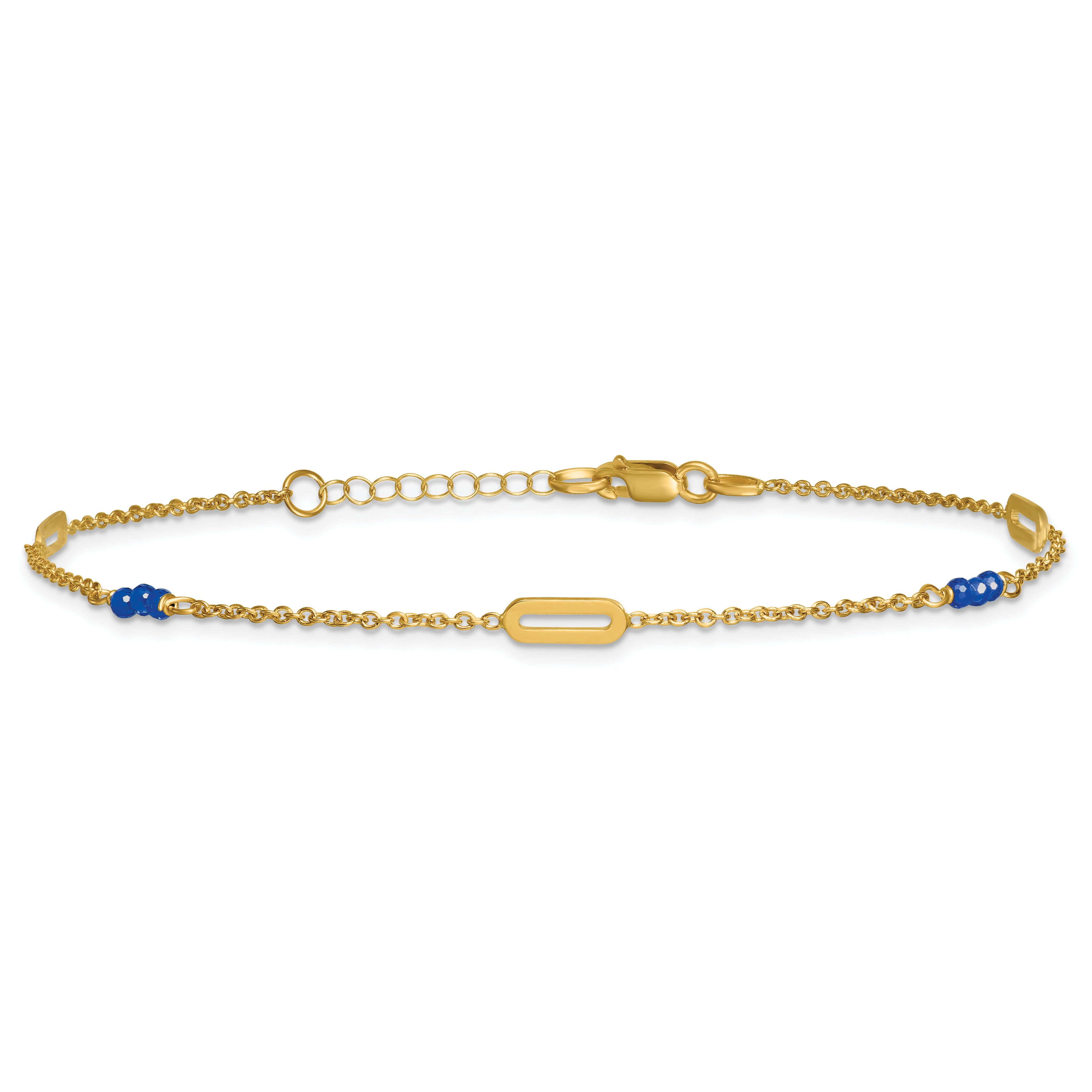 14k Polished Blue Spinel Beads and Ovals 9 inch Plus 1 inch Extender - Total 10 inch Anklet - Sophia Jewelers