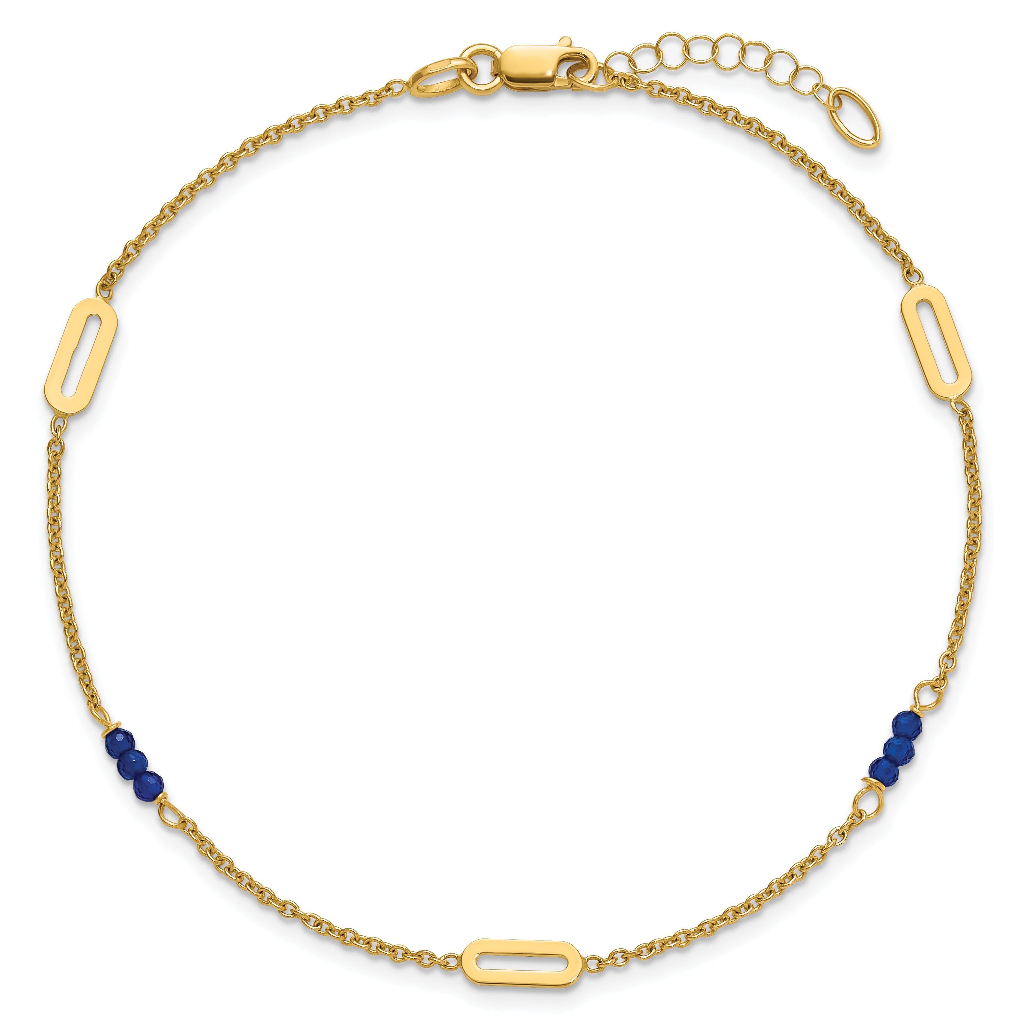 14k Polished Blue Spinel Beads and Ovals 9 inch Plus 1 inch Extender - Total 10 inch Anklet - Sophia Jewelers