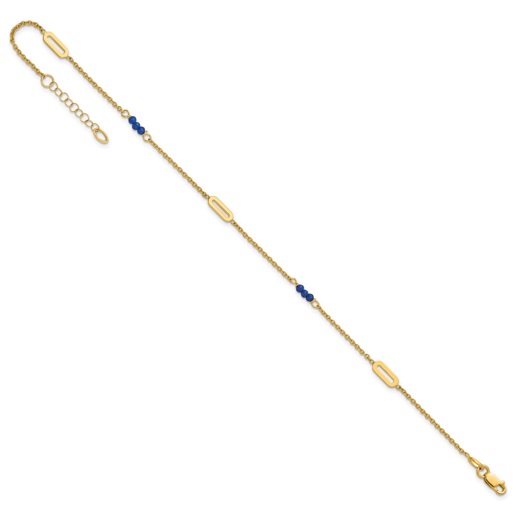 14k Polished Blue Spinel Beads and Ovals 9 inch Plus 1 inch Extender - Total 10 inch Anklet - Sophia Jewelers