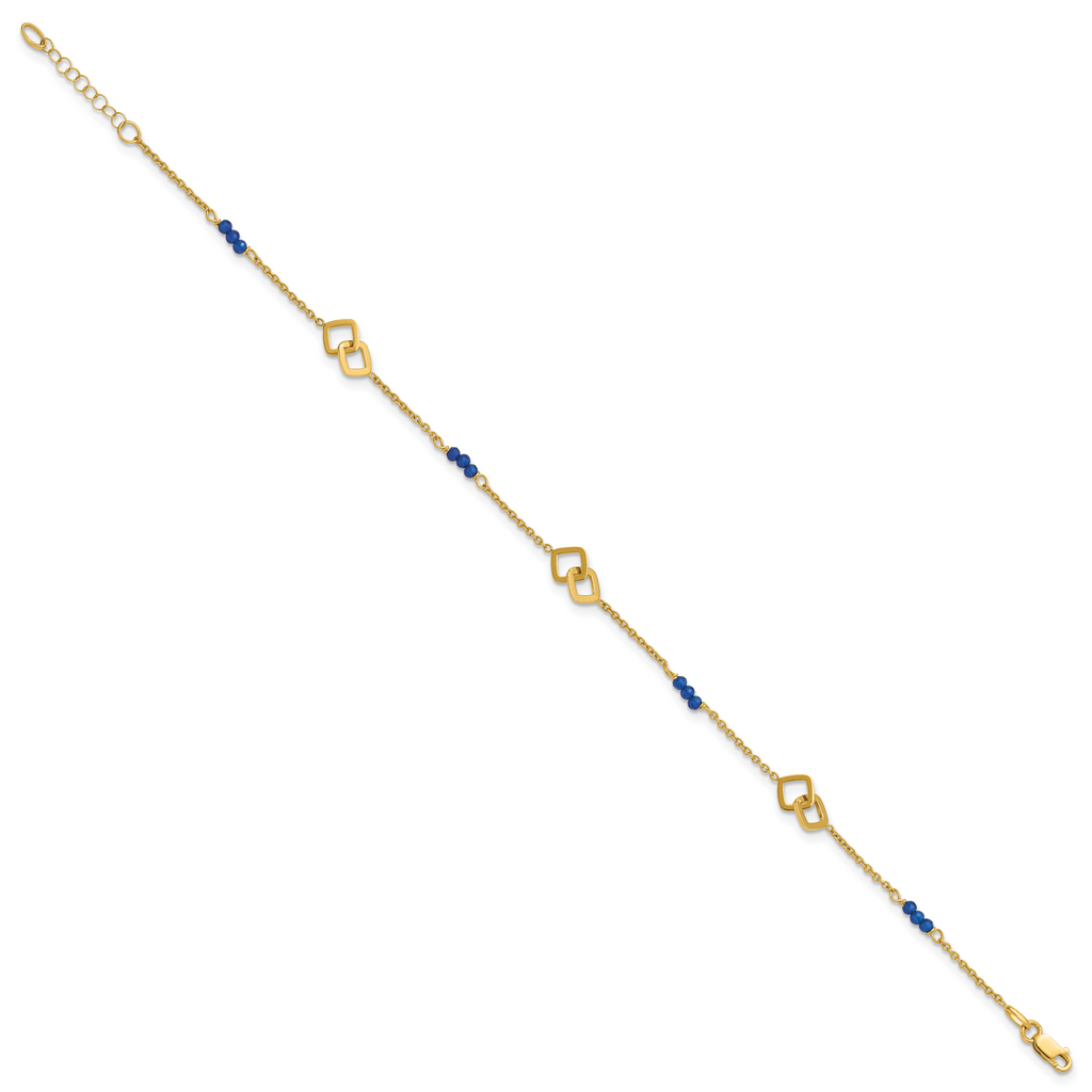 14k Polished Blue Spinel Beads and Squares 9 inch Plus 1 inch Extender - Total 10 inch Anklet - Sophia Jewelers