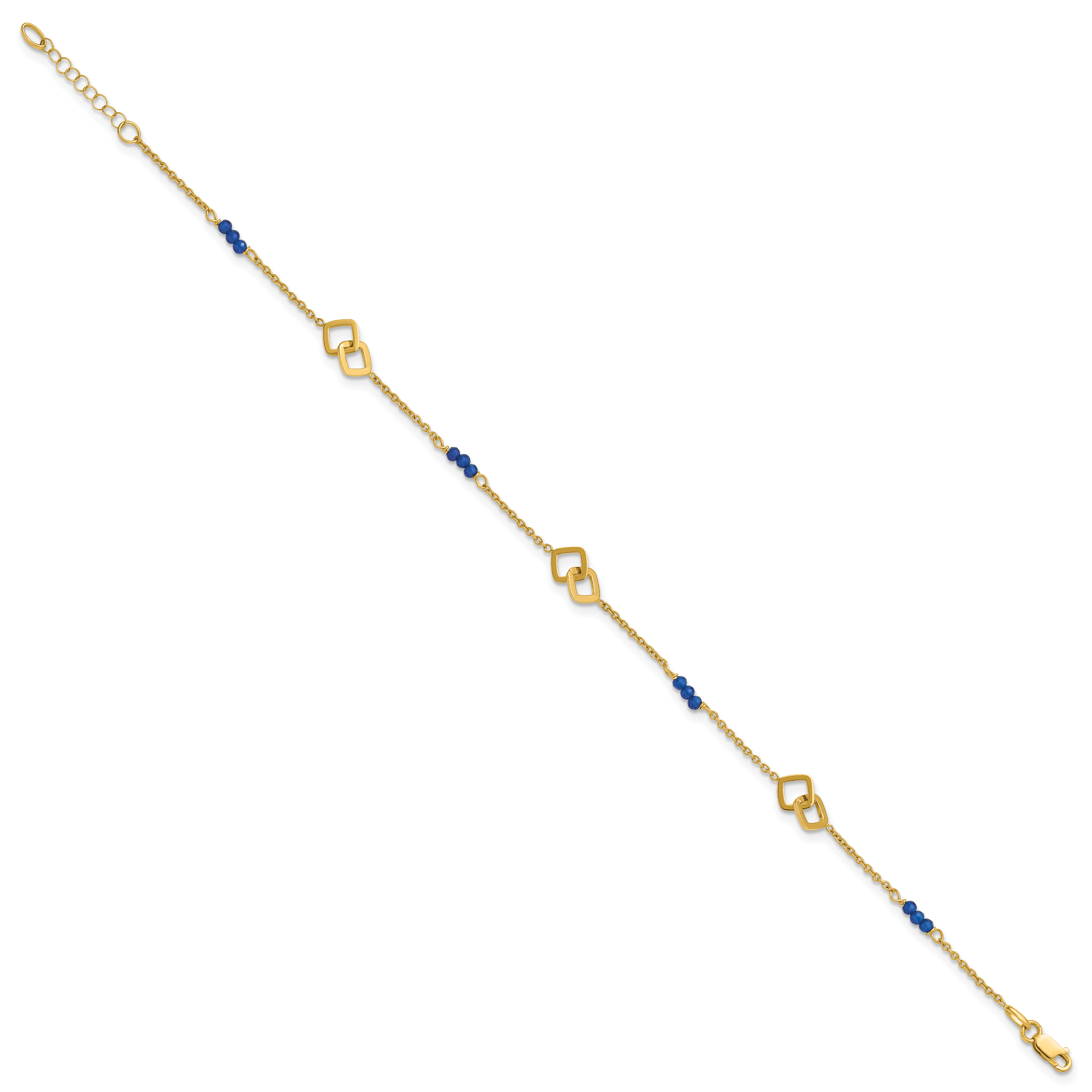 14k Polished Blue Spinel Beads and Squares 9 inch Plus 1 inch Extender - Total 10 inch Anklet - Sophia Jewelers