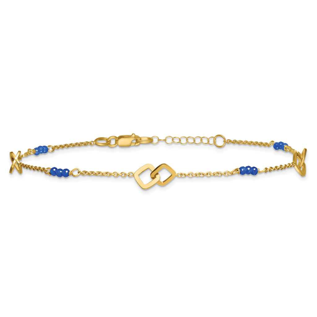 14k Polished Blue Spinel Beads and Squares 9 inch Plus 1 inch Extender - Total 10 inch Anklet - Sophia Jewelers