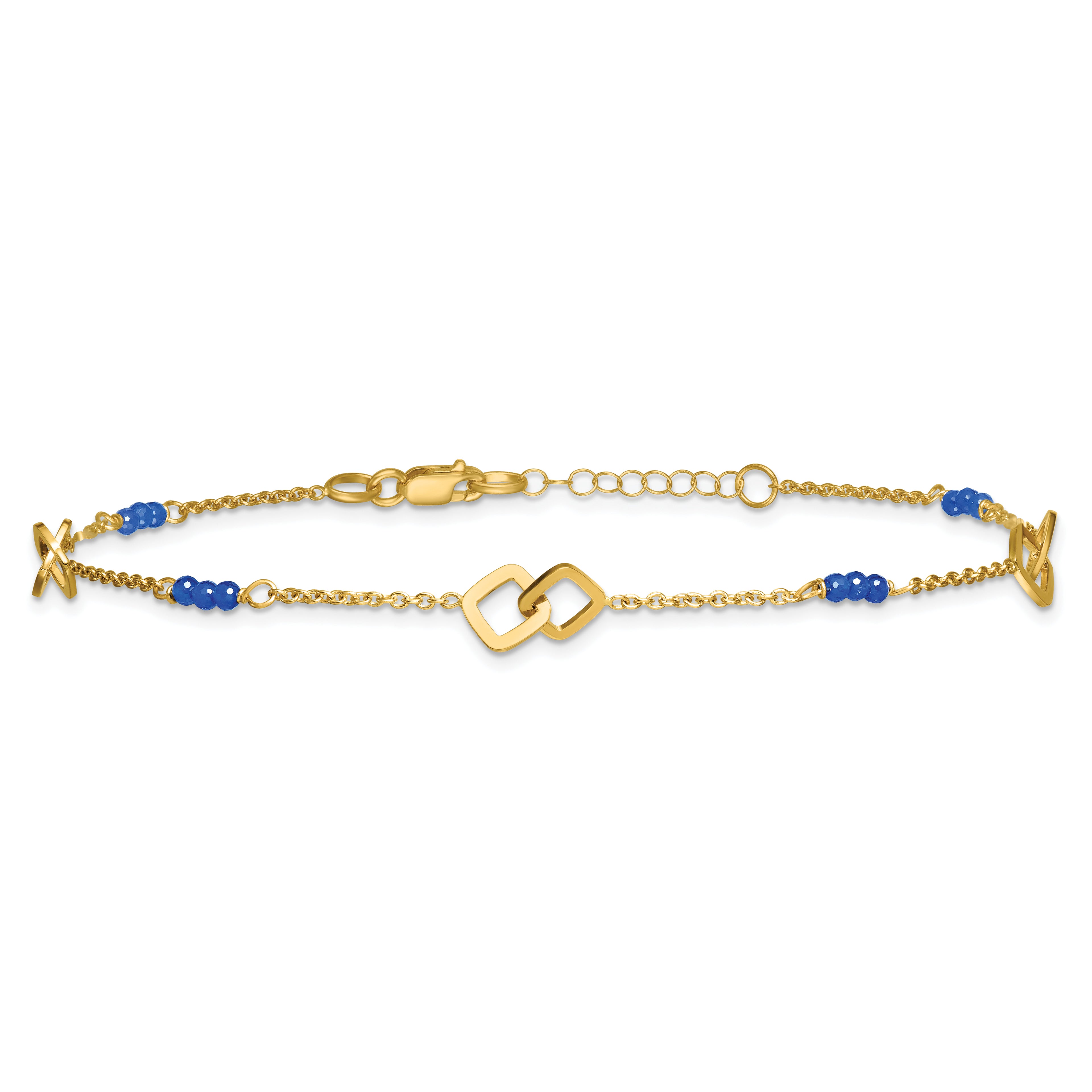 14k Polished Blue Spinel Beads and Squares 9 inch Plus 1 inch Extender - Total 10 inch Anklet - Sophia Jewelers