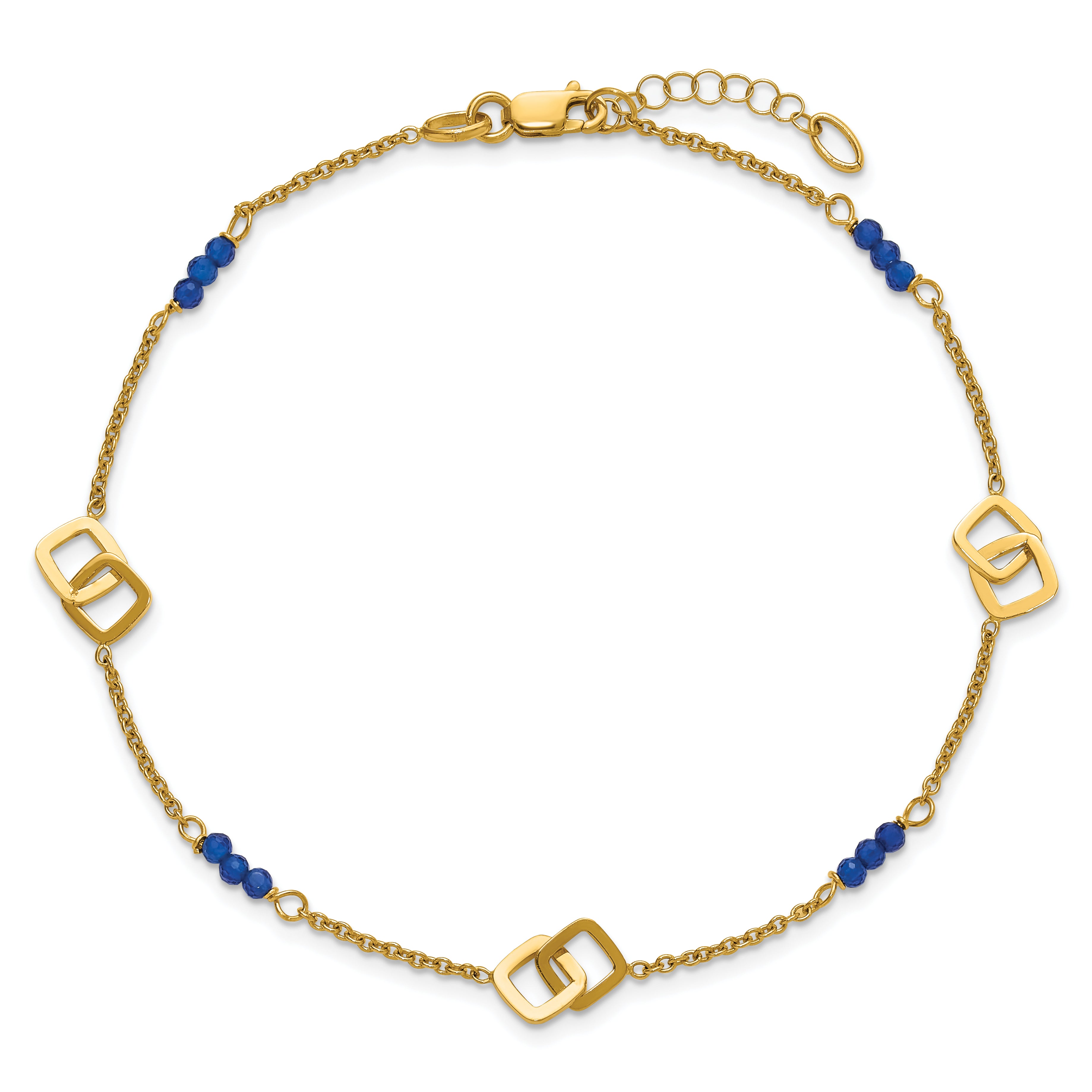 14k Polished Blue Spinel Beads and Squares 9 inch Plus 1 inch Extender - Total 10 inch Anklet - Sophia Jewelers