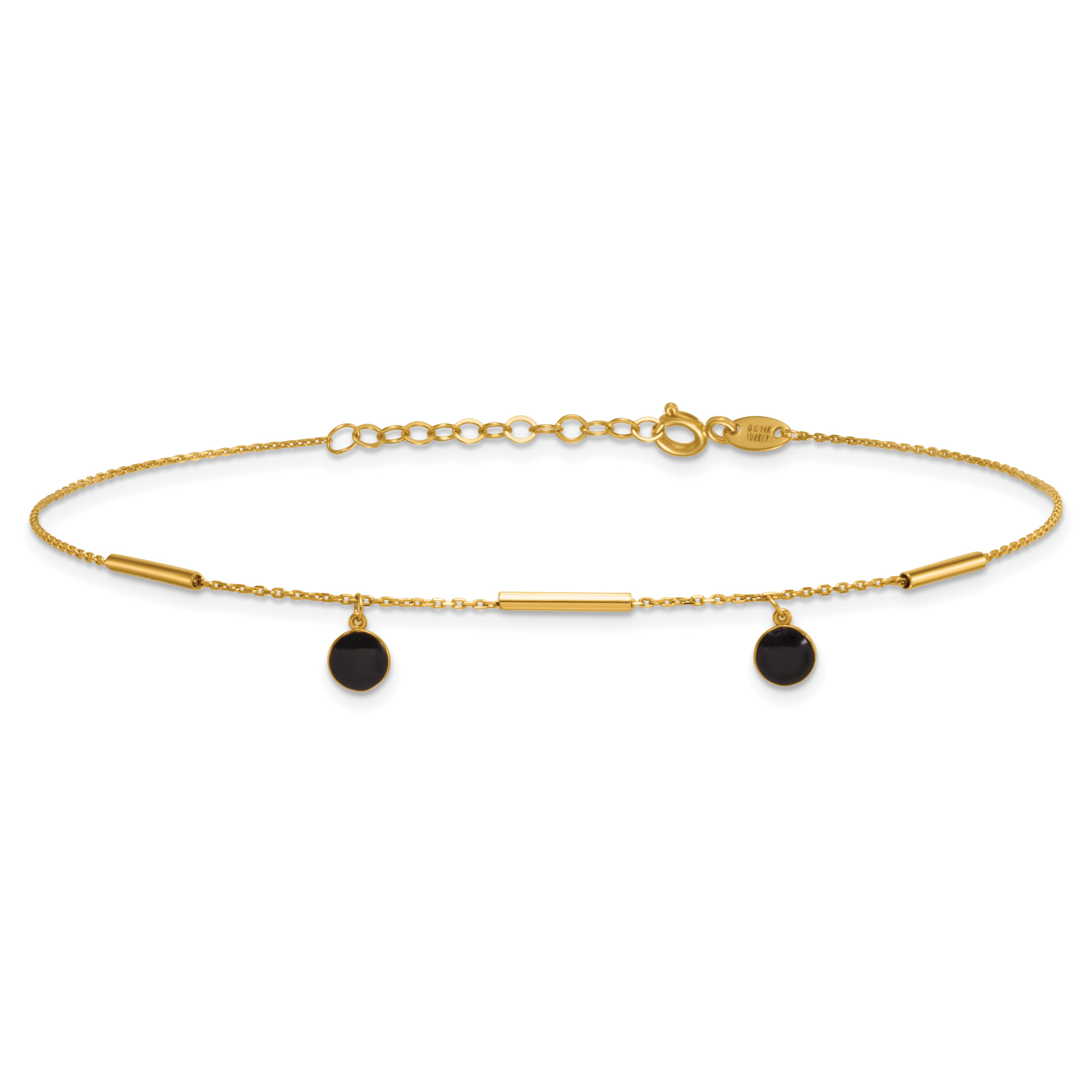 14K Polished Round Onyx Dangles and Bars 9 inch Plus 1 inch Extender - Total 10 inch Anklet Secondary image