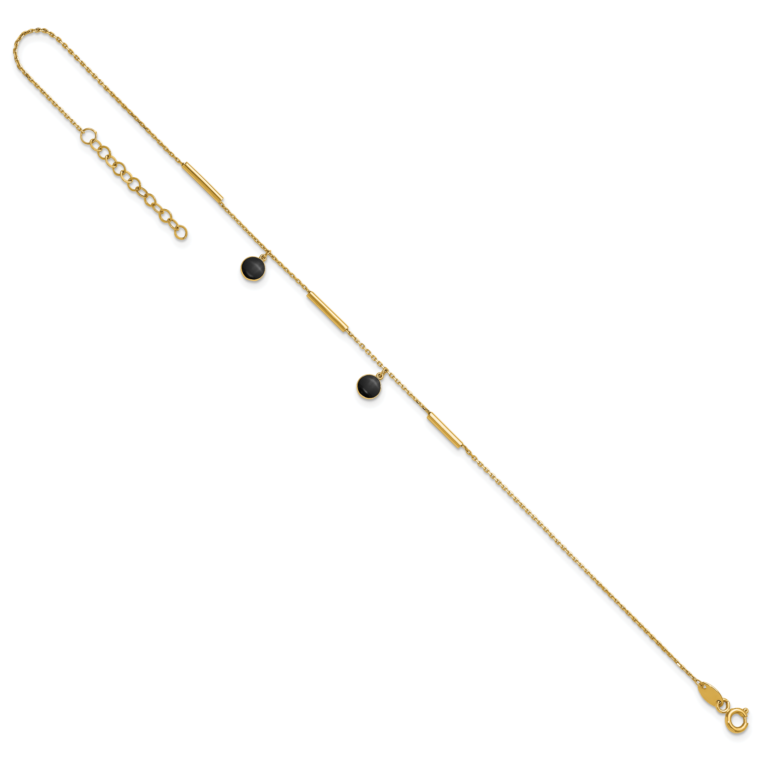 14K Polished Round Onyx Dangles and Bars 9 inch Plus 1 inch Extender - Total 10 inch Anklet - Sophia Jewelers