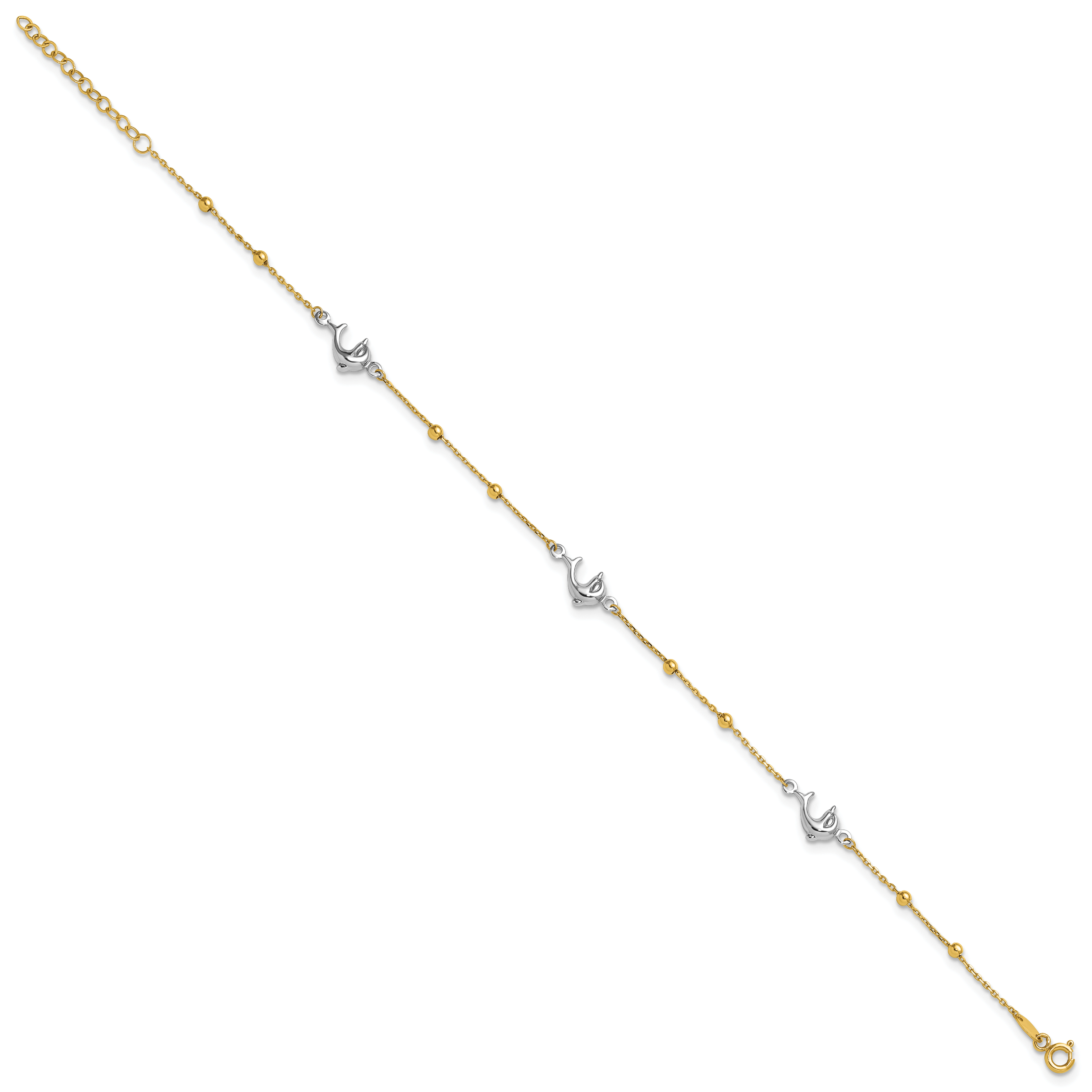 14K Two-tone Beads and Three Dolphins 9 inch Plus 1 inch Extender - Total 10 inch Anklet Secondary image