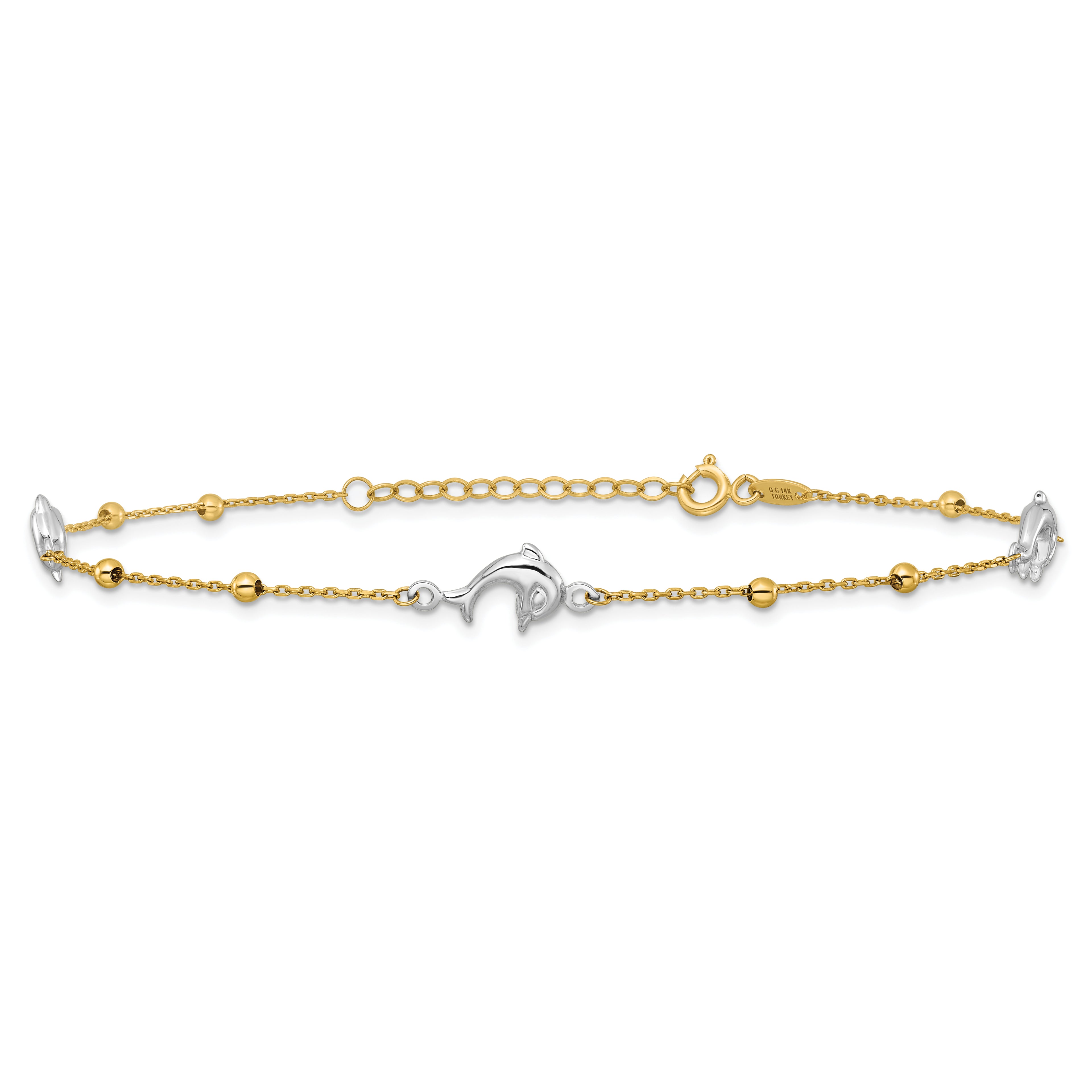 14K Two-tone Beads and Three Dolphins 9 inch Plus 1 inch Extender - Total 10 inch Anklet - Sophia Jewelers