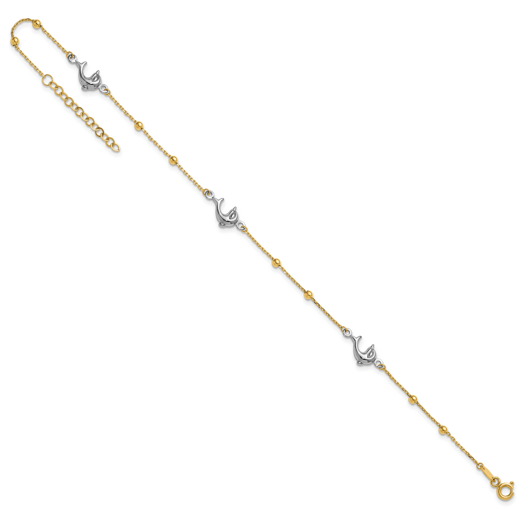 14K Two-tone Beads and Three Dolphins 9 inch Plus 1 inch Extender - Total 10 inch Anklet - Sophia Jewelers
