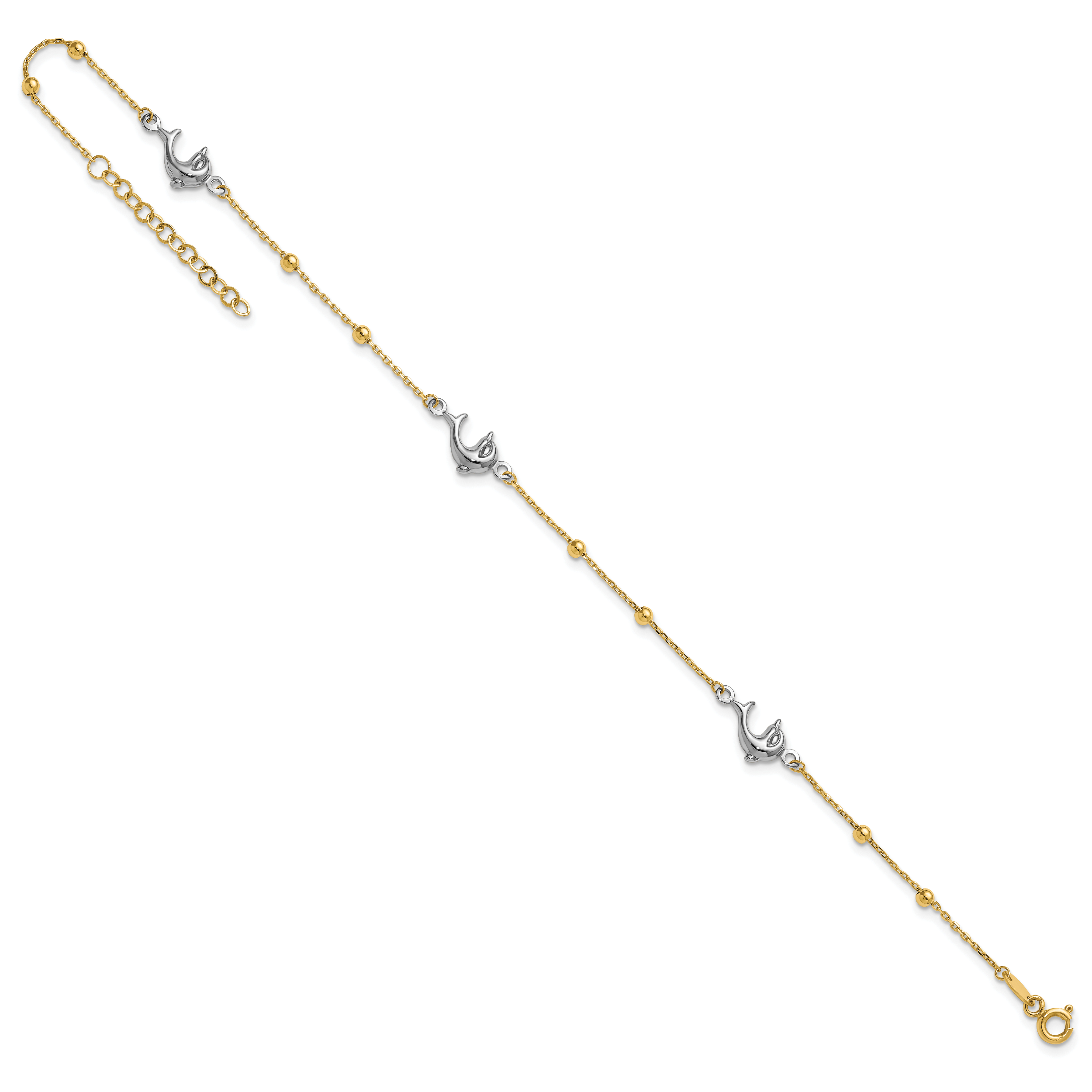 14K Two-tone Beads and Three Dolphins 9 inch Plus 1 inch Extender - Total 10 inch Anklet - Sophia Jewelers