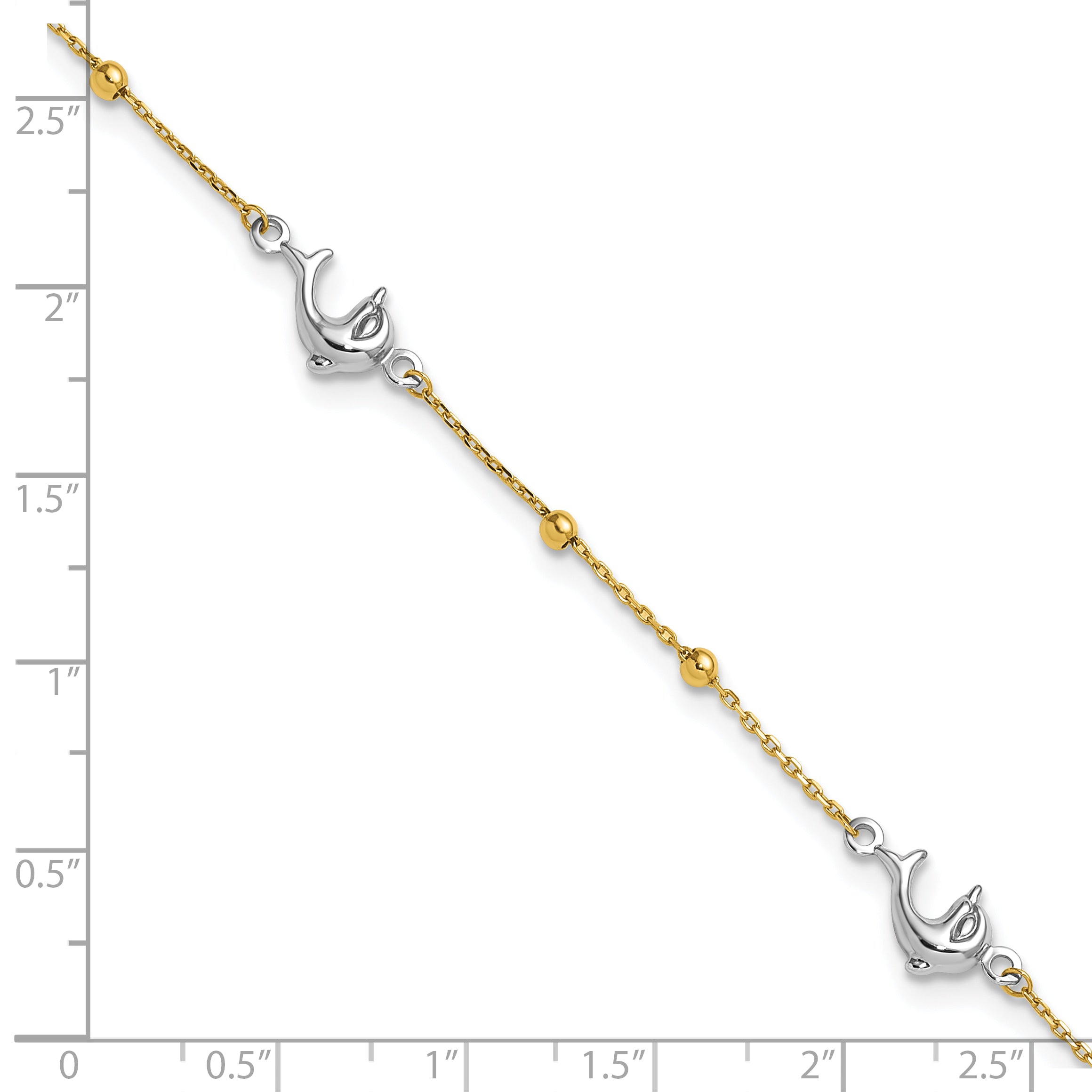 14K Two-tone Beads and Three Dolphins 9 inch Plus 1 inch Extender - Total 10 inch Anklet - Sophia Jewelers