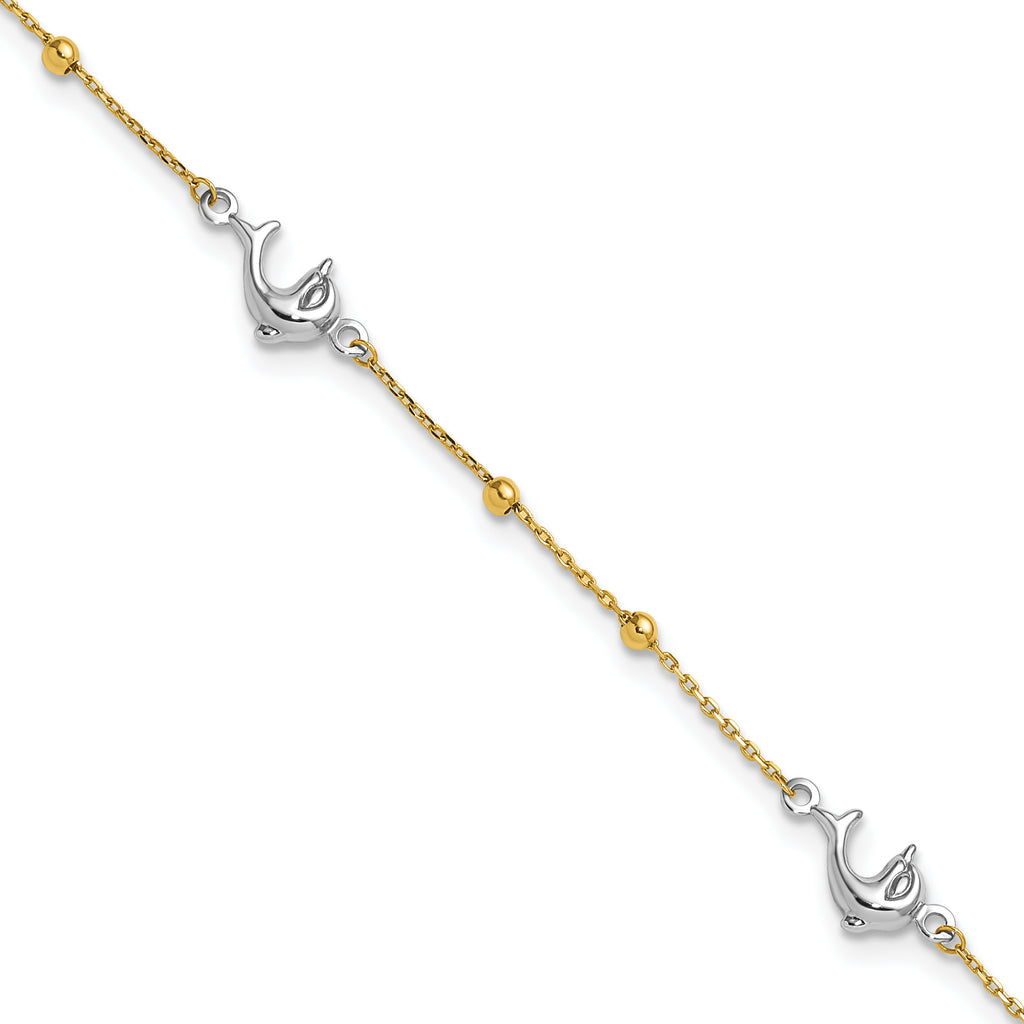 14K Two-tone Beads and Three Dolphins 9 inch Plus 1 inch Extender - Total 10 inch Anklet - Sophia Jewelers