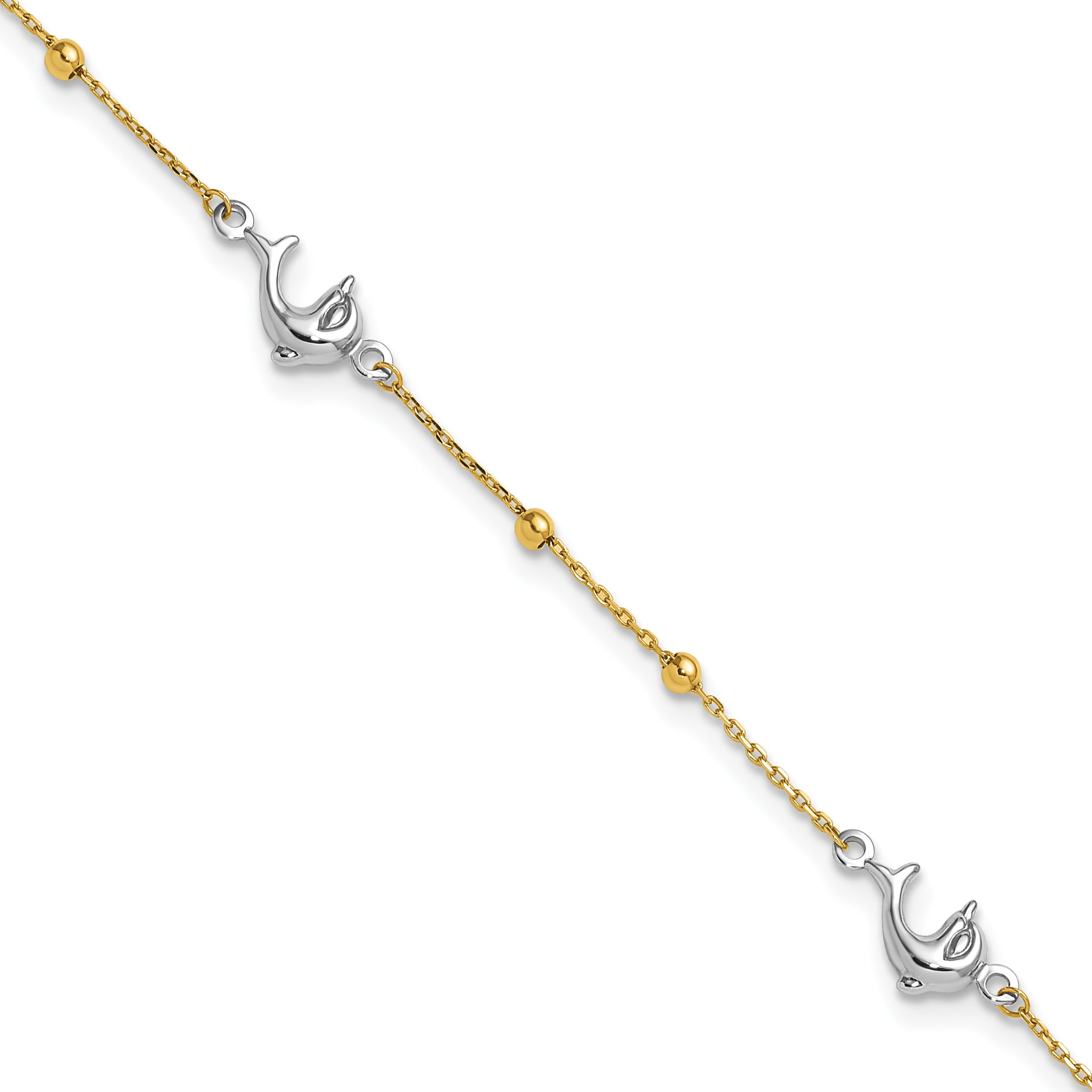 14K Two-tone Beads and Three Dolphins 9 inch Plus 1 inch Extender - Total 10 inch Anklet - Sophia Jewelers
