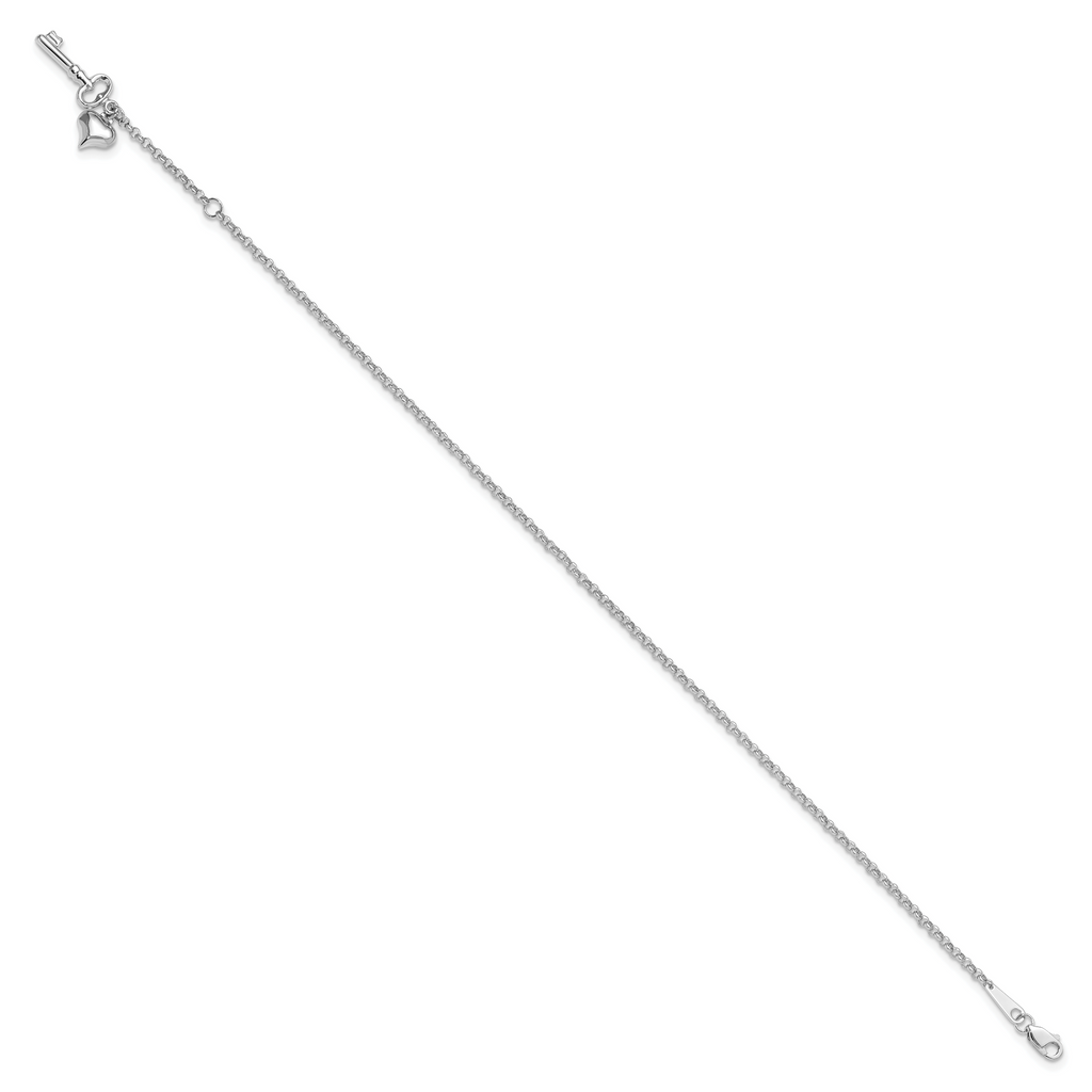 14k White Gold Cable Chain with Puffed Heart and Key Dangle 9 inch Plus 1 inch Extender - Total 10 i - Sophia Jewelers
