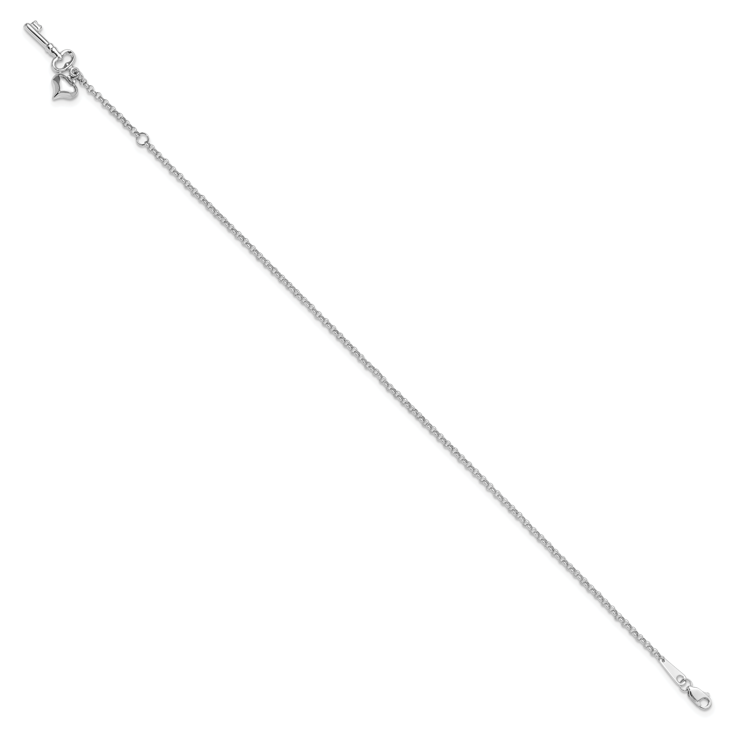 14k White Gold Cable Chain with Puffed Heart and Key Dangle 9 inch Plus 1 inch Extender - Total 10 i - Sophia Jewelers