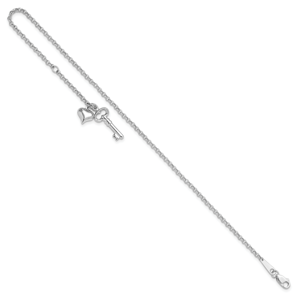 14k White Gold Cable Chain with Puffed Heart and Key Dangle 9 inch Plus 1 inch Extender - Total 10 i - Sophia Jewelers