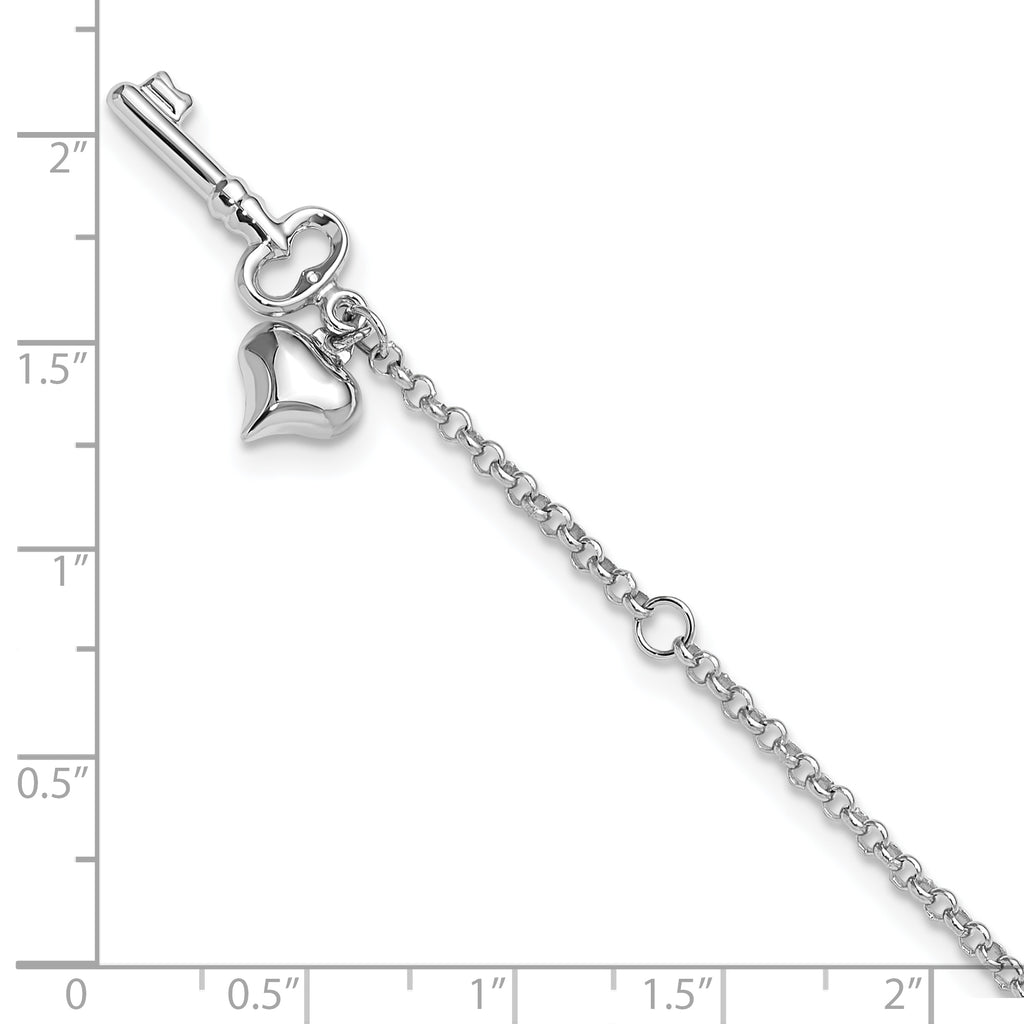 14k White Gold Cable Chain with Puffed Heart and Key Dangle 9 inch Plus 1 inch Extender - Total 10 i - Sophia Jewelers