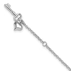 14k White Gold Cable Chain with Puffed Heart and Key Dangle 9 inch Plus 1 inch Extender - Total 10 i - Sophia Jewelers
