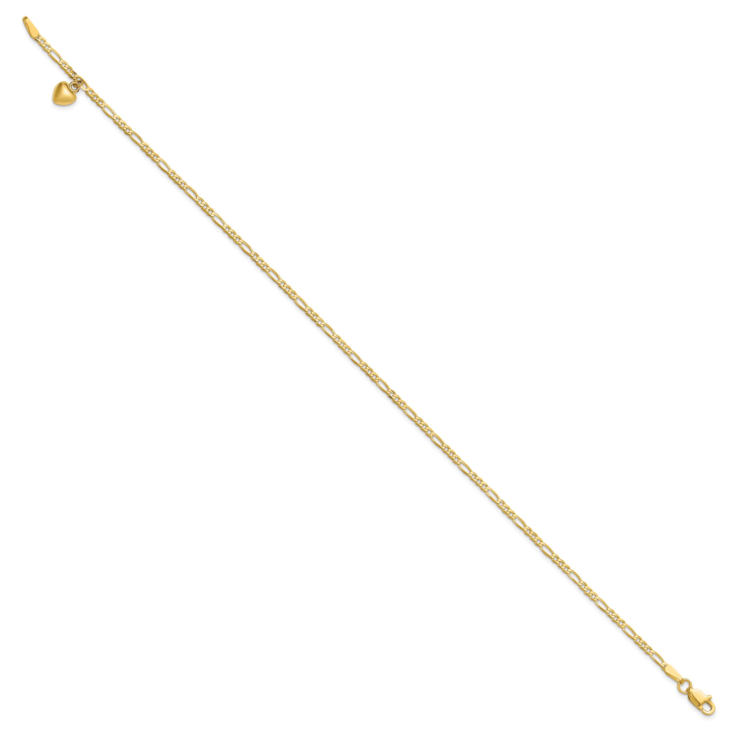 14k Figaro Link Chain with Dangling Puffed Heart 9 inch Anklet Secondary image