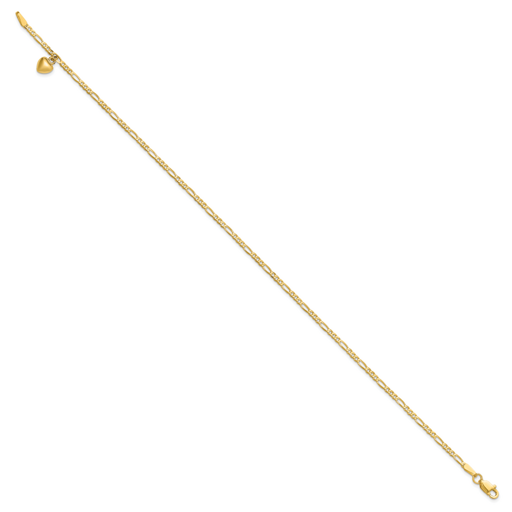 14k Figaro Link Chain with Dangling Puffed Heart 9 inch Anklet - Sophia Jewelers