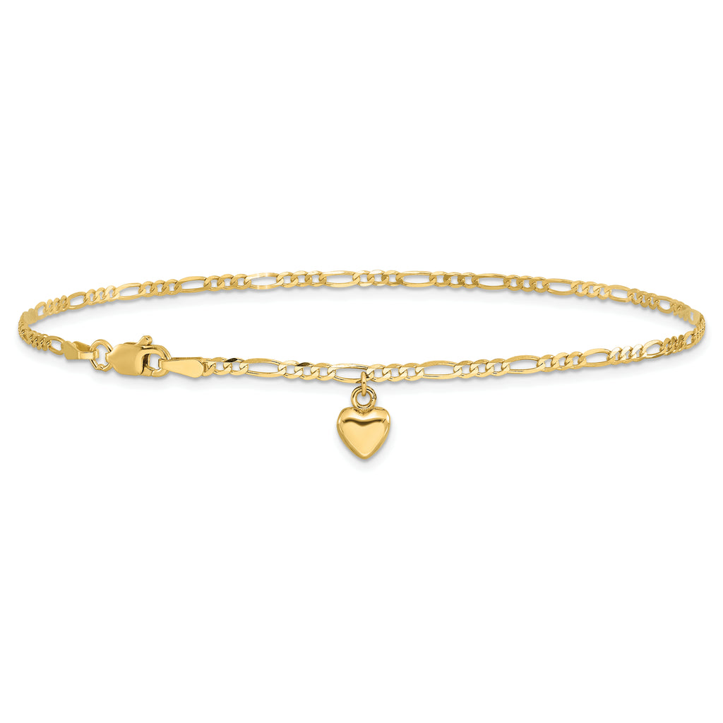 14k Figaro Link Chain with Dangling Puffed Heart 9 inch Anklet - Sophia Jewelers