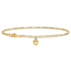 14k Figaro Link Chain with Dangling Puffed Heart 9 inch Anklet - Sophia Jewelers