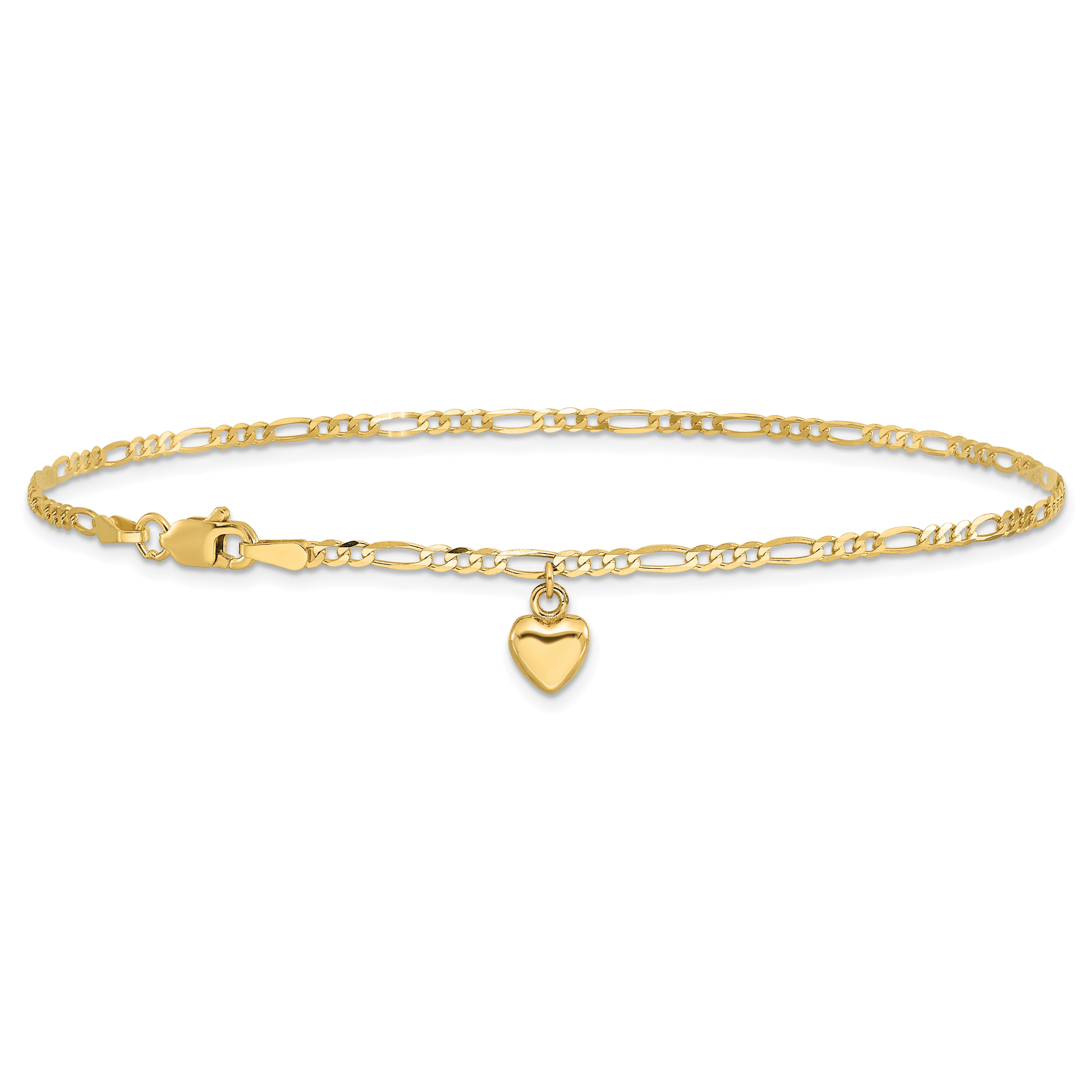 14k Figaro Link Chain with Dangling Puffed Heart 9 inch Anklet - Sophia Jewelers