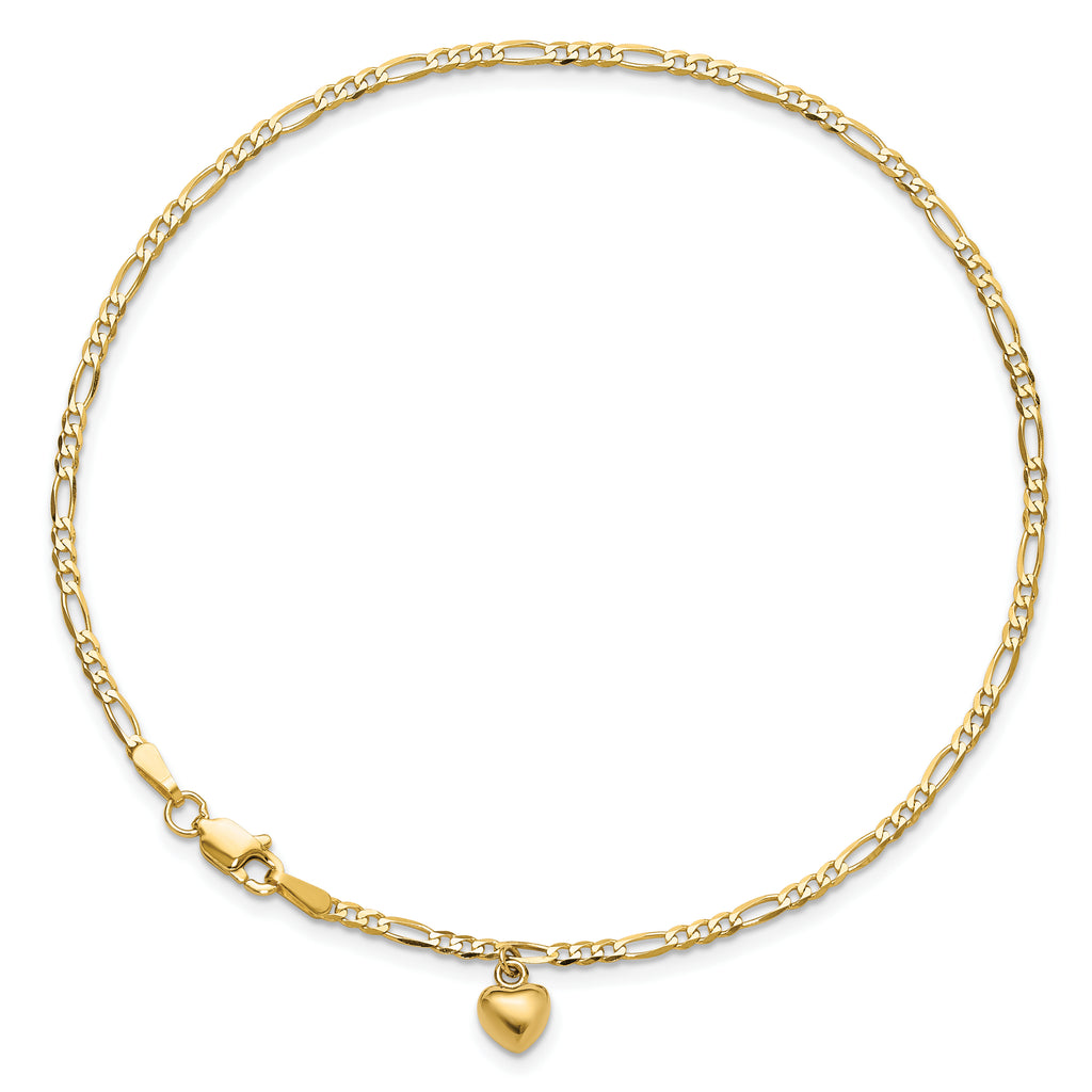 14k Figaro Link Chain with Dangling Puffed Heart 9 inch Anklet - Sophia Jewelers