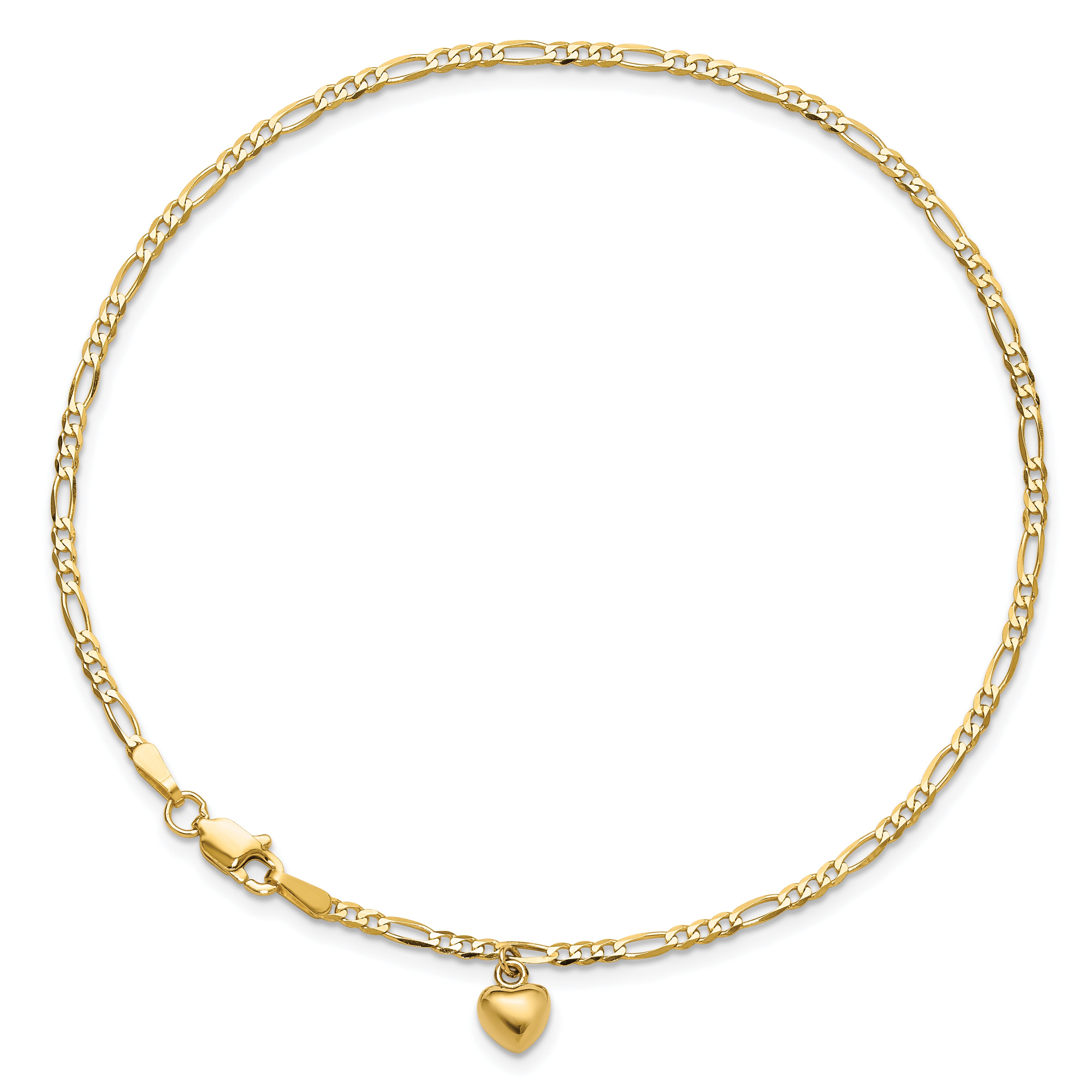 14k Figaro Link Chain with Dangling Puffed Heart 9 inch Anklet - Sophia Jewelers