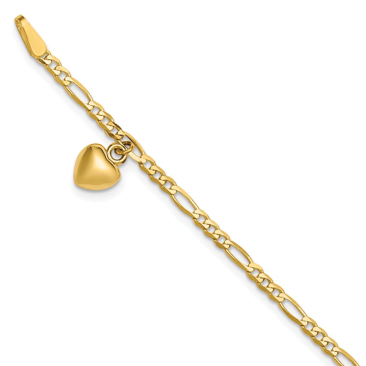 14k Figaro Link Chain with Dangling Puffed Heart 9 inch Anklet - Sophia Jewelers