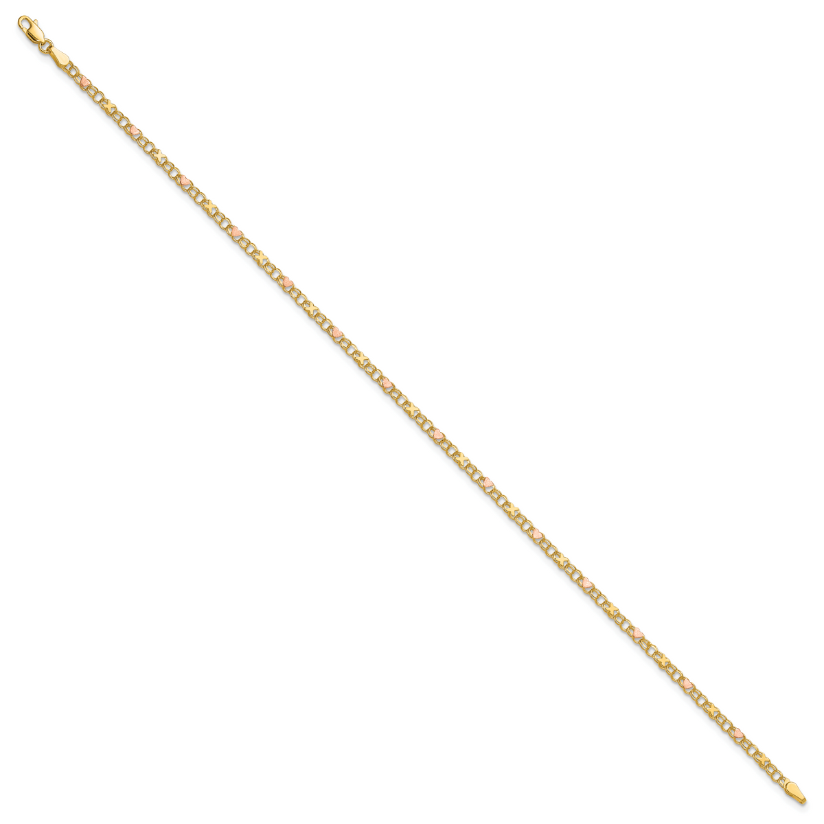 14k Polished and Satin Rose-plated X-and-Heart 9 inch Anklet