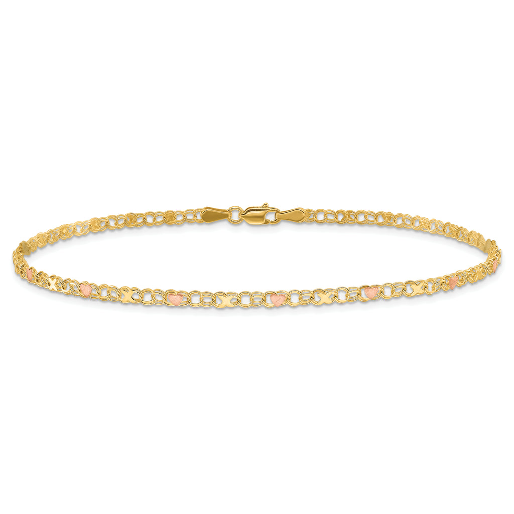 14k Polished and Satin Rose-plated X-and-Heart 10 inch Anklet - Sophia Jewelers